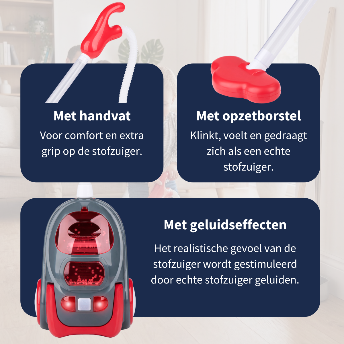 Caractéristiques d'un aspirateur jouet rouge et gris avec des zones de texte.