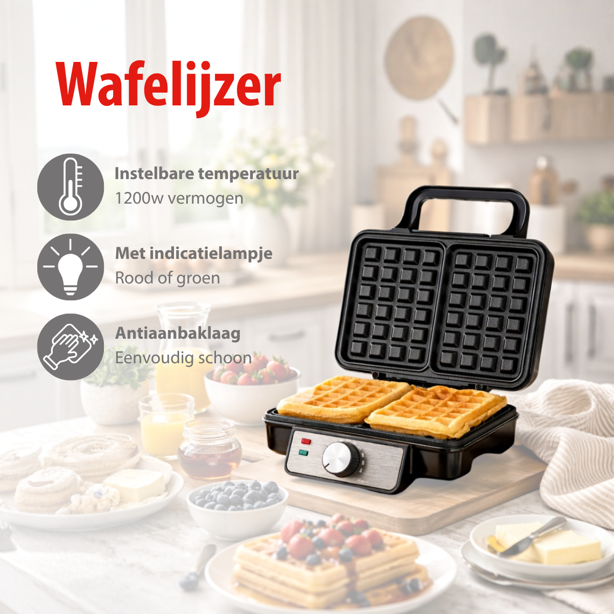 Een zwart wafelijzer op een tafel met twee gebakken wafels, omringd door ontbijtingrediënten.
