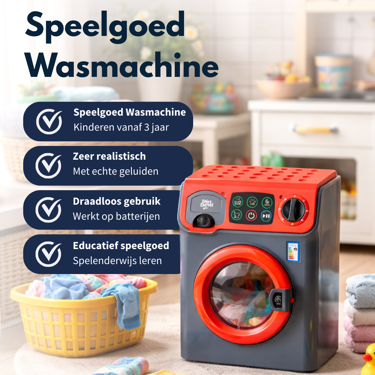 Machine à laver jouet grise et rouge avec un panier à linge et des textes en néerlandais.