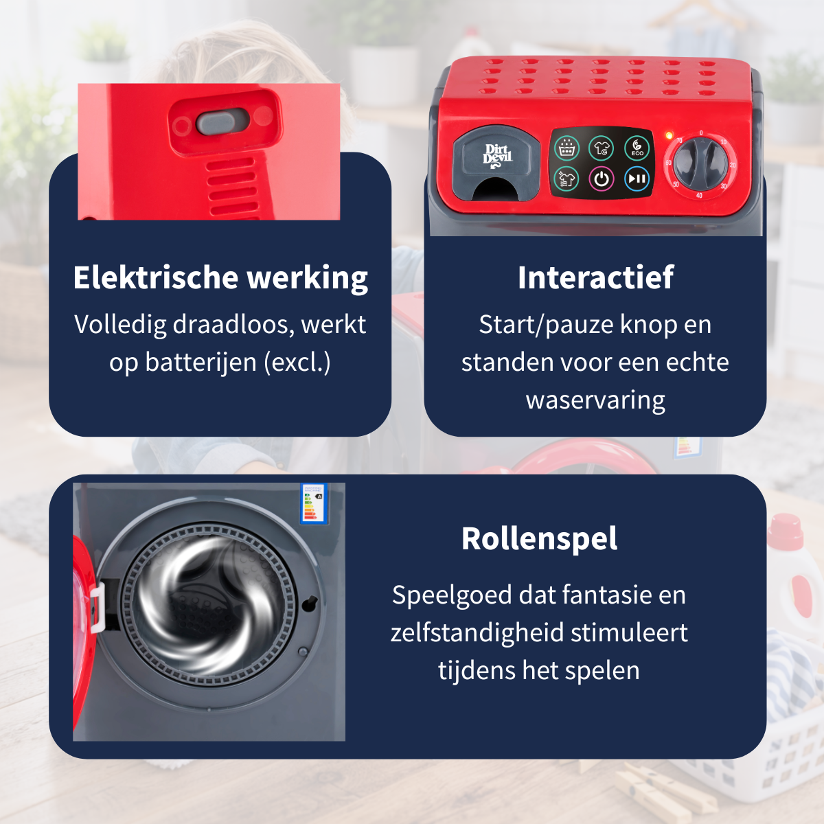 Infographie montrant les caractéristiques d'un lave-linge jouet rouge : à piles, boutons interactifs et jeu de rôle.