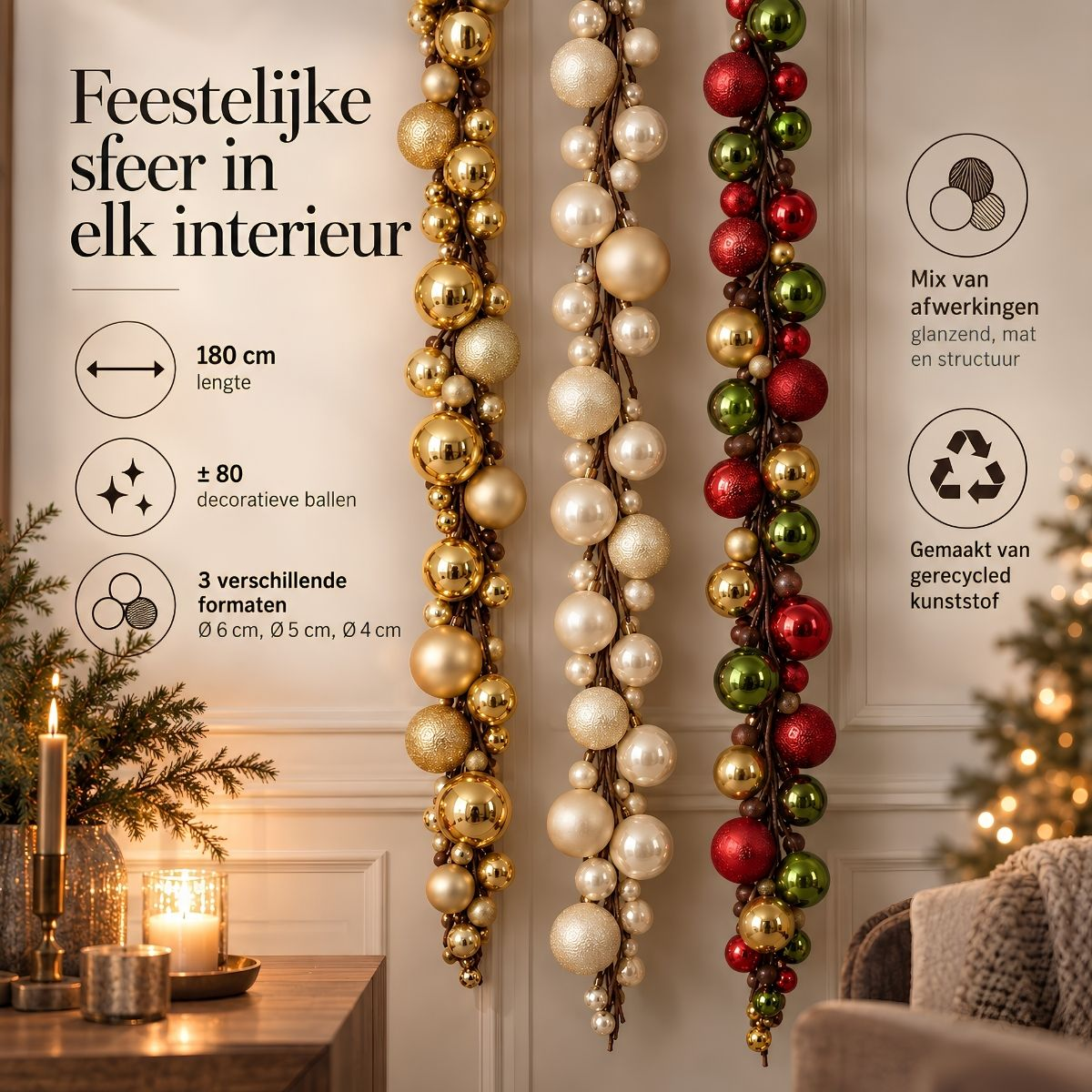 Three hanging Christmas garlands in gold, pearl white, and red-green with text and icons on a white background.