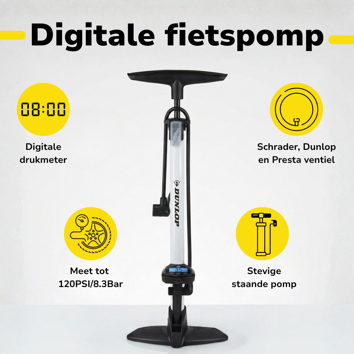 Digitale Dunlop-Standluftpumpe mit digitalem Manometer, verschiedenen Ventilaufsätzen und einer Druckleistung von bis zu 8,3 Bar.