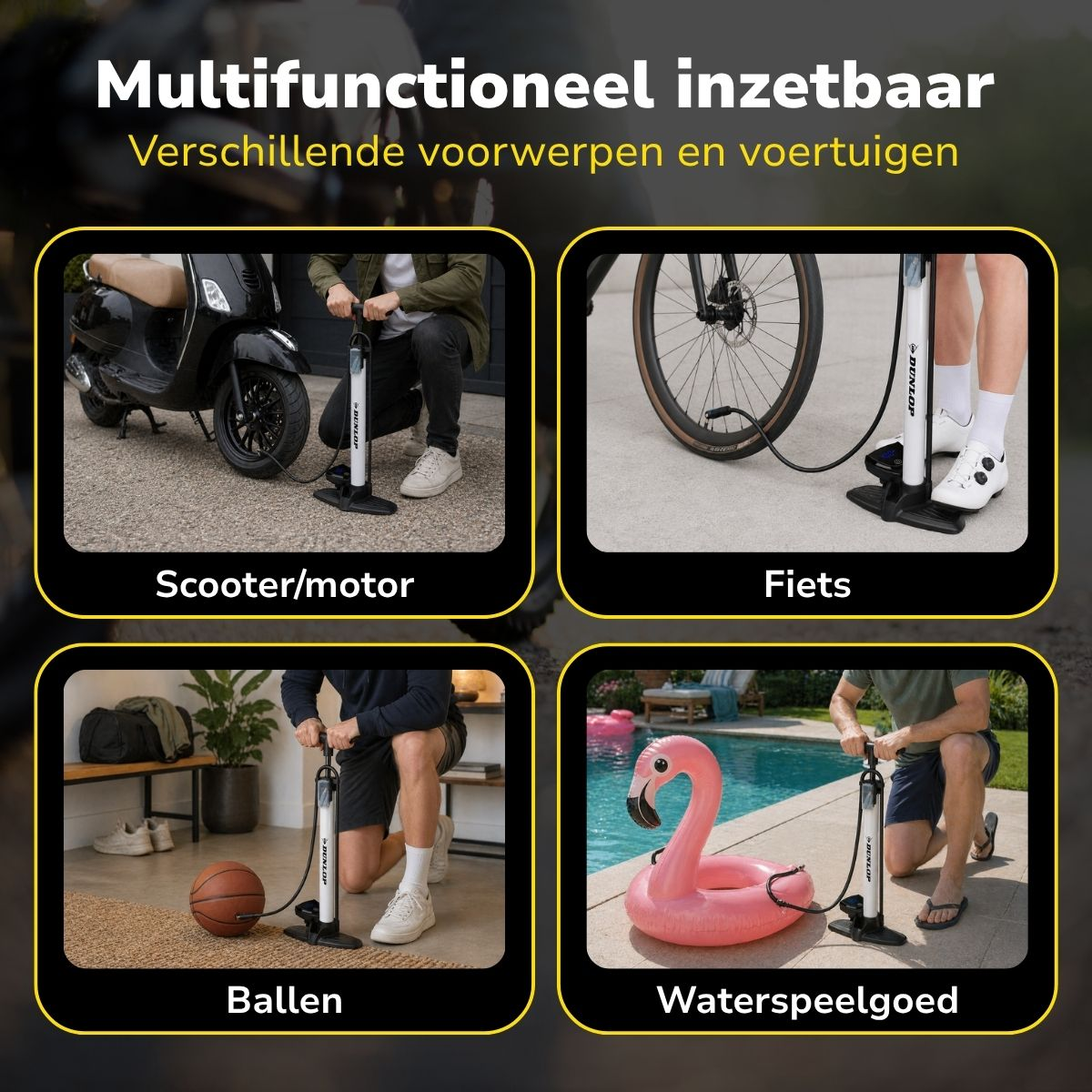 Eine Pumpe wird verwendet, um einen Roller, ein Fahrrad, einen Basketball und ein aufblasbares Flamingo-Spielzeug aufz
