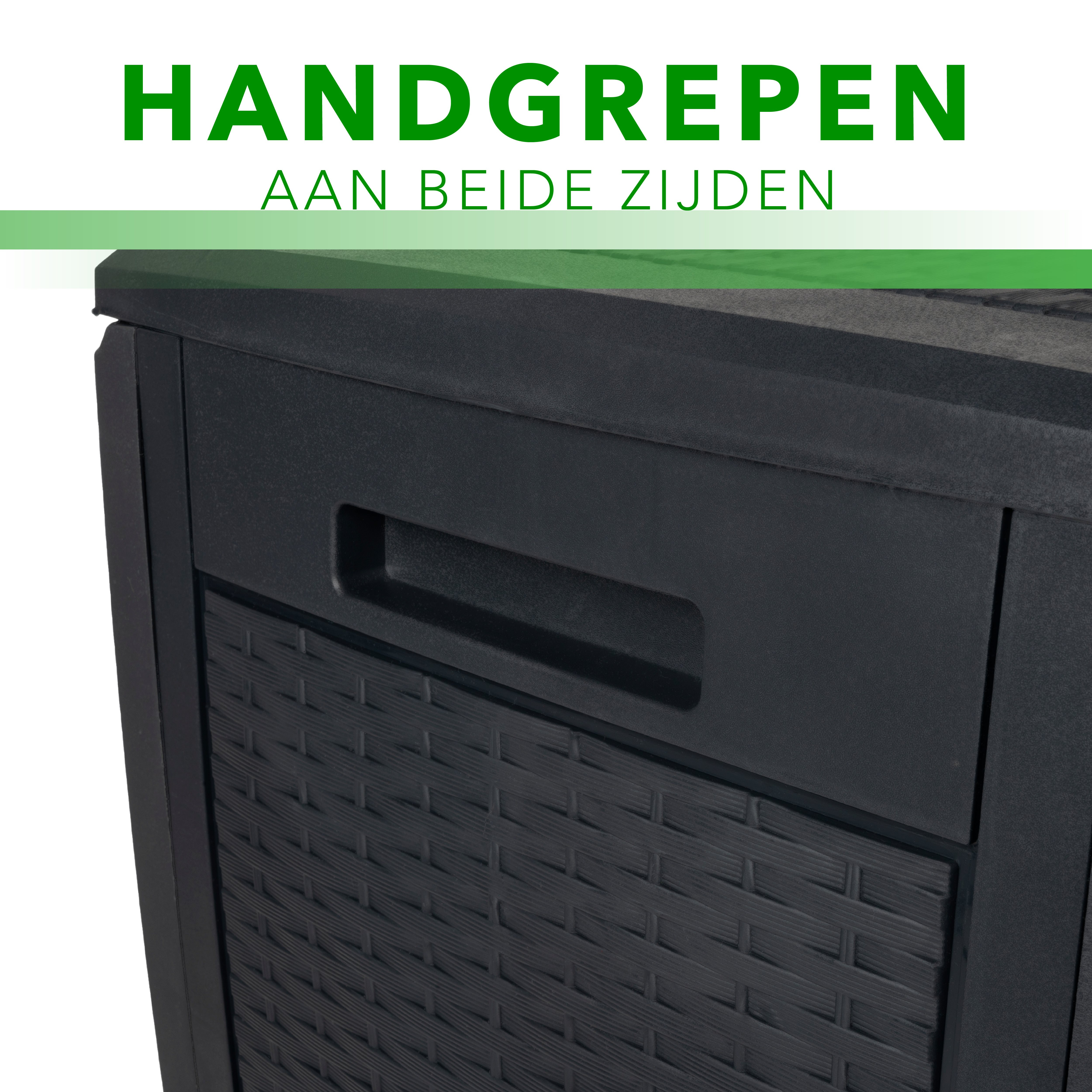 A black plastic storage box with a built-in handle and wicker texture.