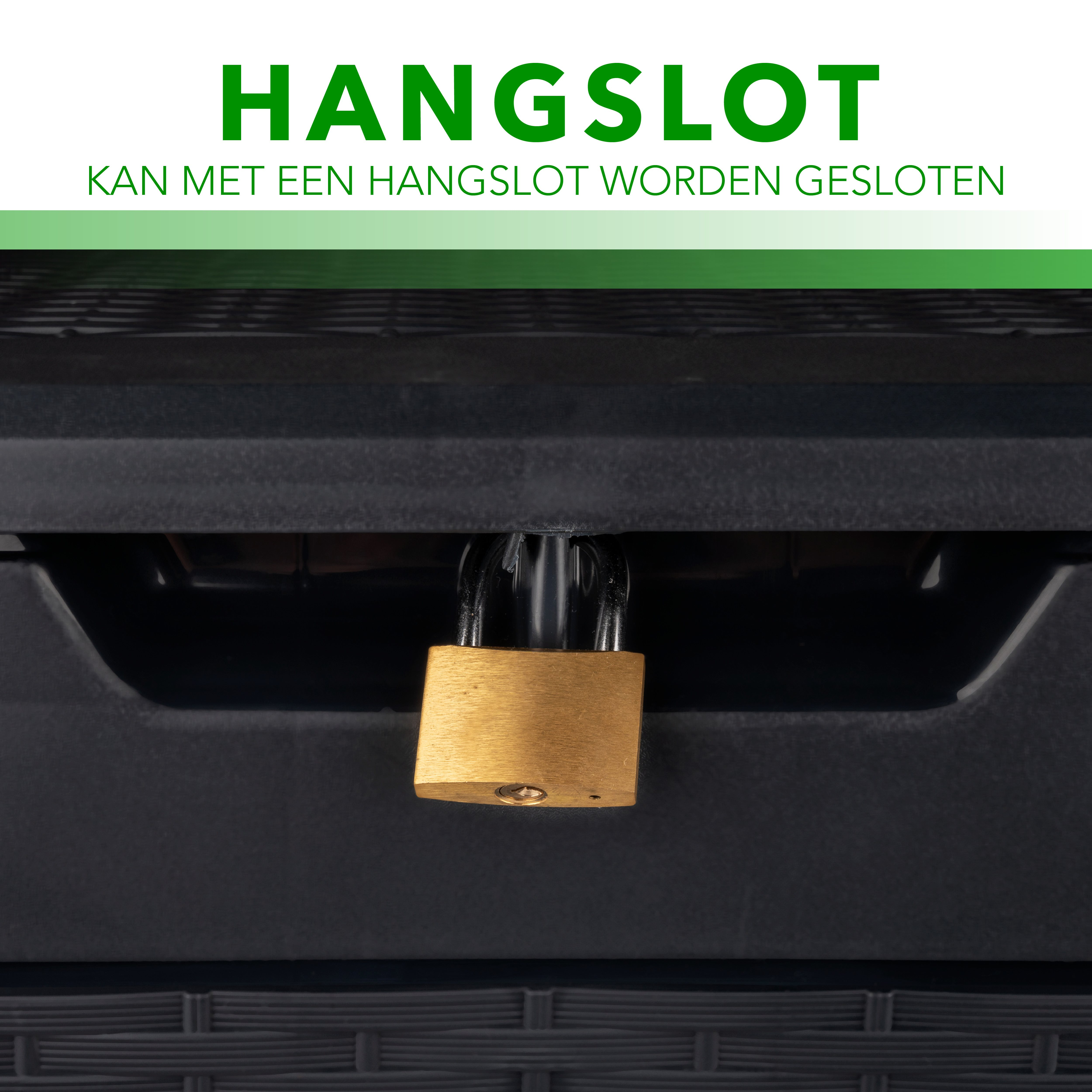 A brass padlock secures the lid of a black storage box with text above.