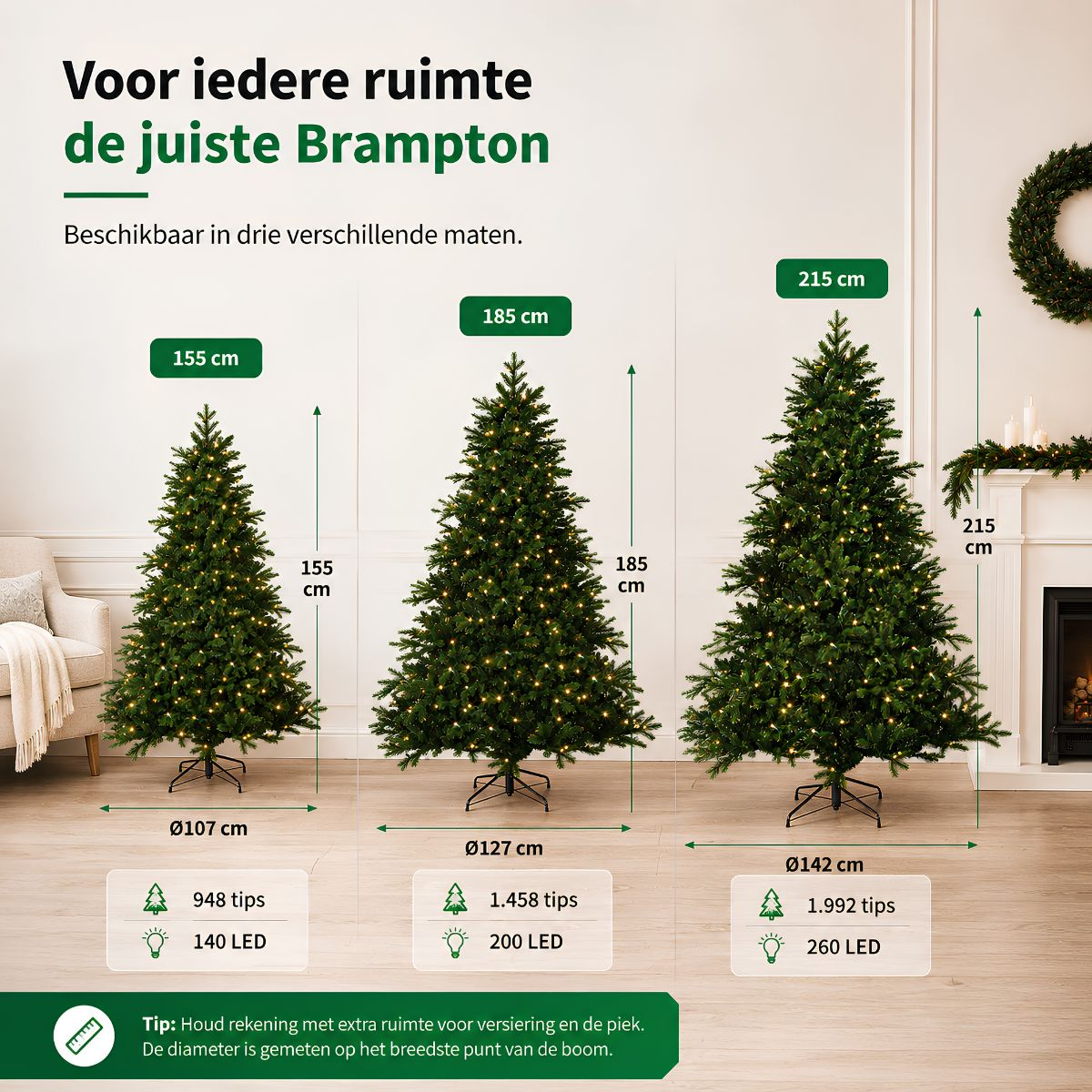 Three Brampton artificial Christmas trees of heights 155cm, 185cm, and 215cm with lights.