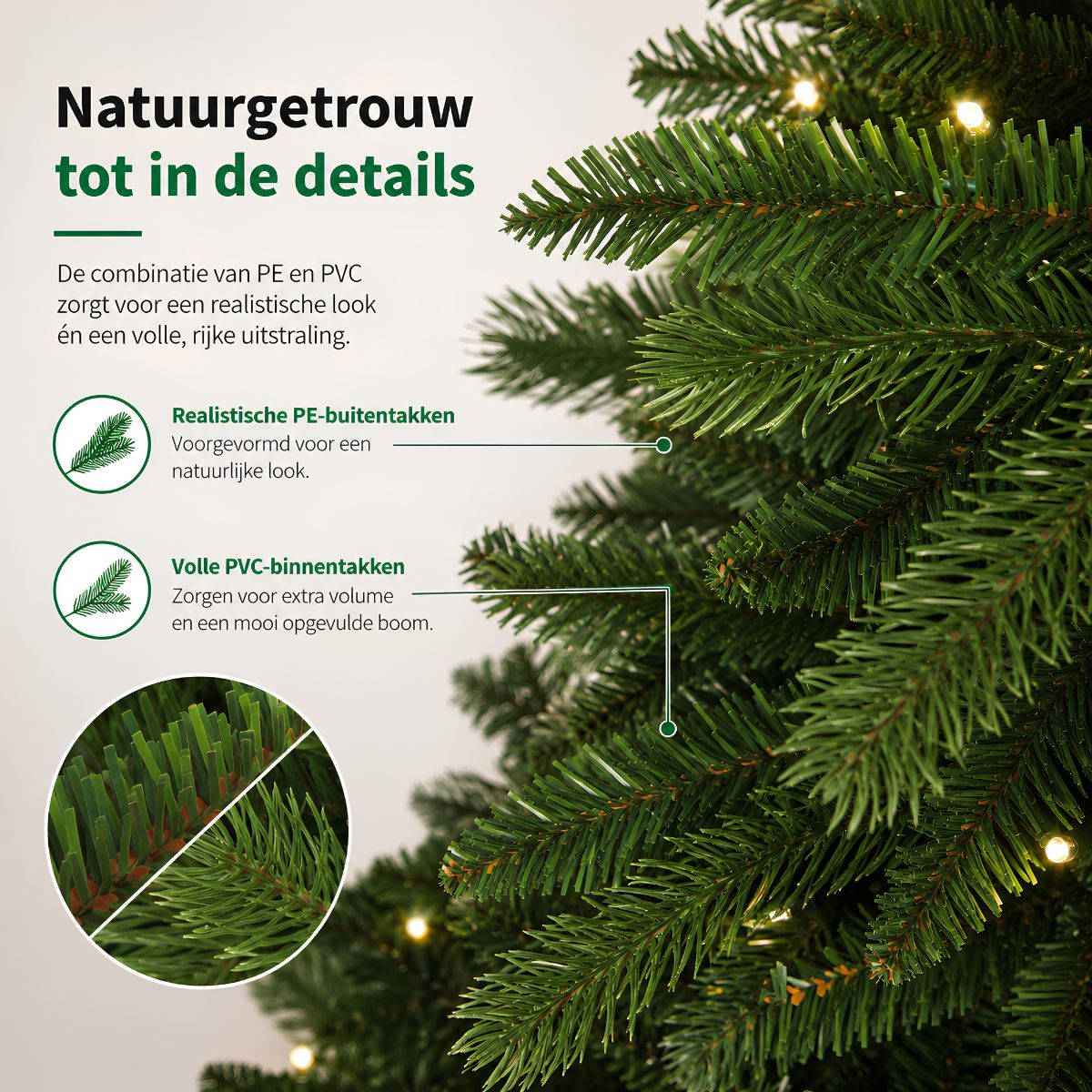Close-up of an artificial Christmas tree with PE and PVC branches, text, and infographics.