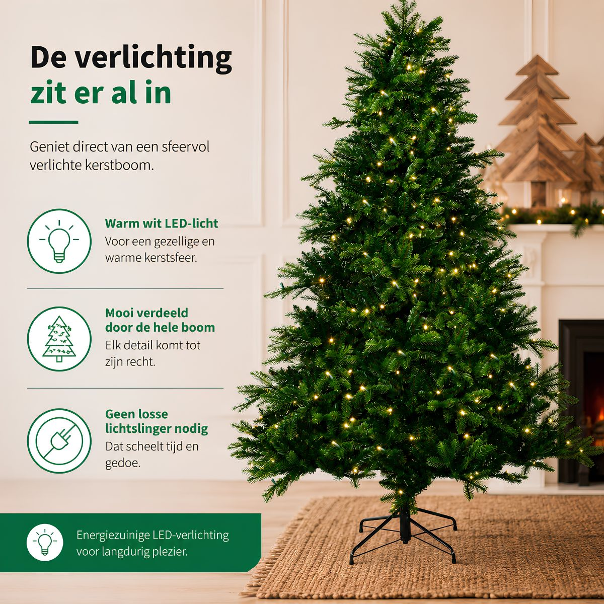 A decorated Christmas tree with warm LED lights stands indoors, featuring descriptive text panels on the left.