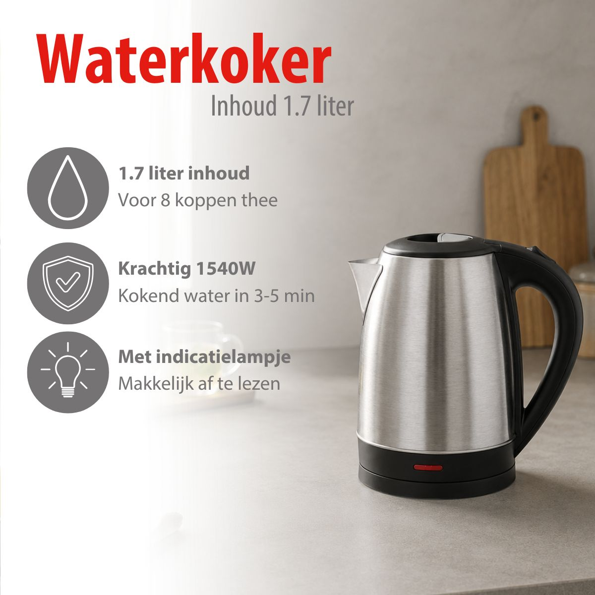 RVS waterkoker met zwarte handgreep op een aanrecht met functie-icoontjes en tekst aan de linkerkant.