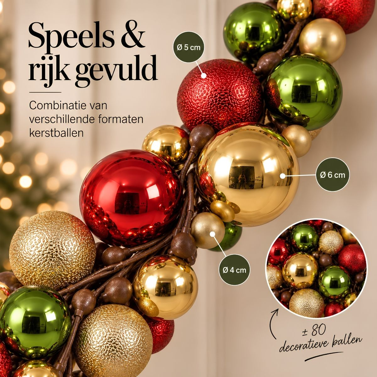 A festive garland of red, gold, and green Christmas ornaments with size labels and Dutch text.