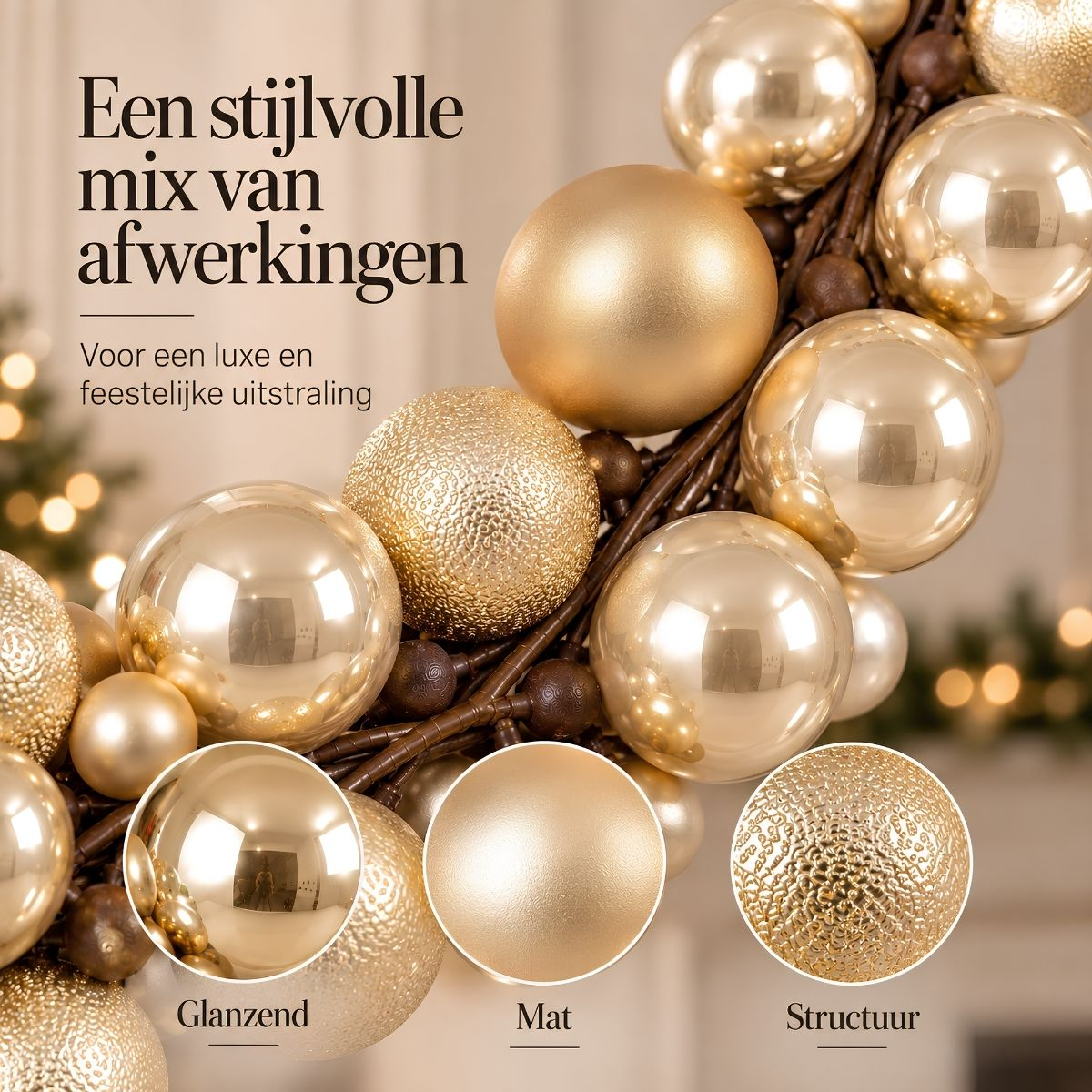 Luxurious Christmas wreath featuring gold ornaments in glossy, matte, and textured finishes.