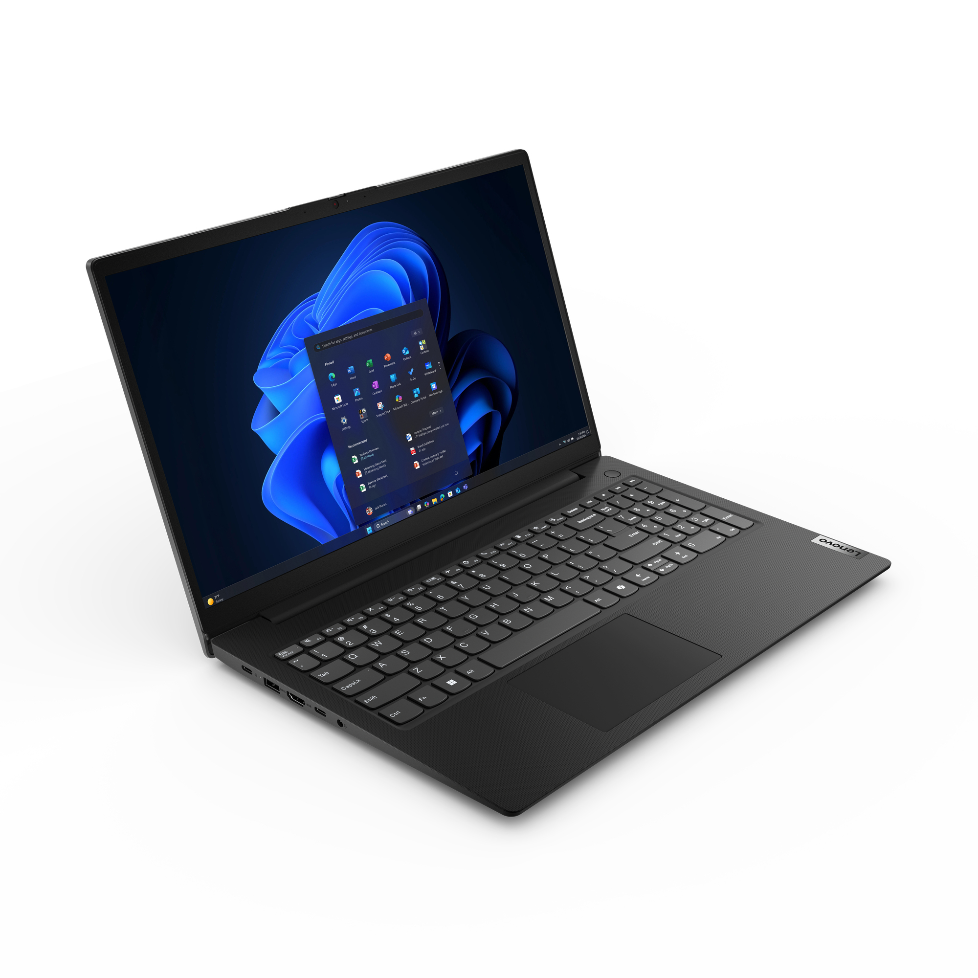 Un laptop Lenovo nero aperto su sfondo bianco con uno sfondo astratto blu sullo schermo.