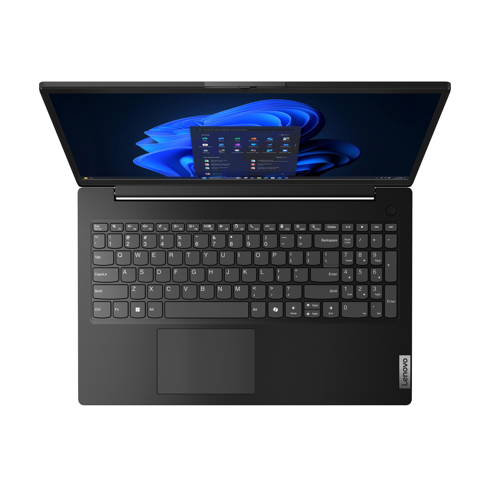 Vista dall'alto di un laptop nero aperto che mostra il desktop di Windows e la tastiera con tastierino numerico.