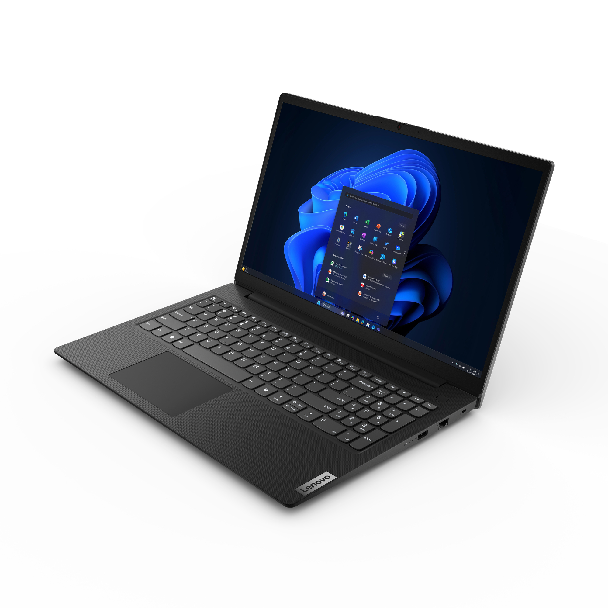Un laptop Lenovo nero è aperto su una superficie bianca, con uno sfondo del desktop blu di Windows 11.