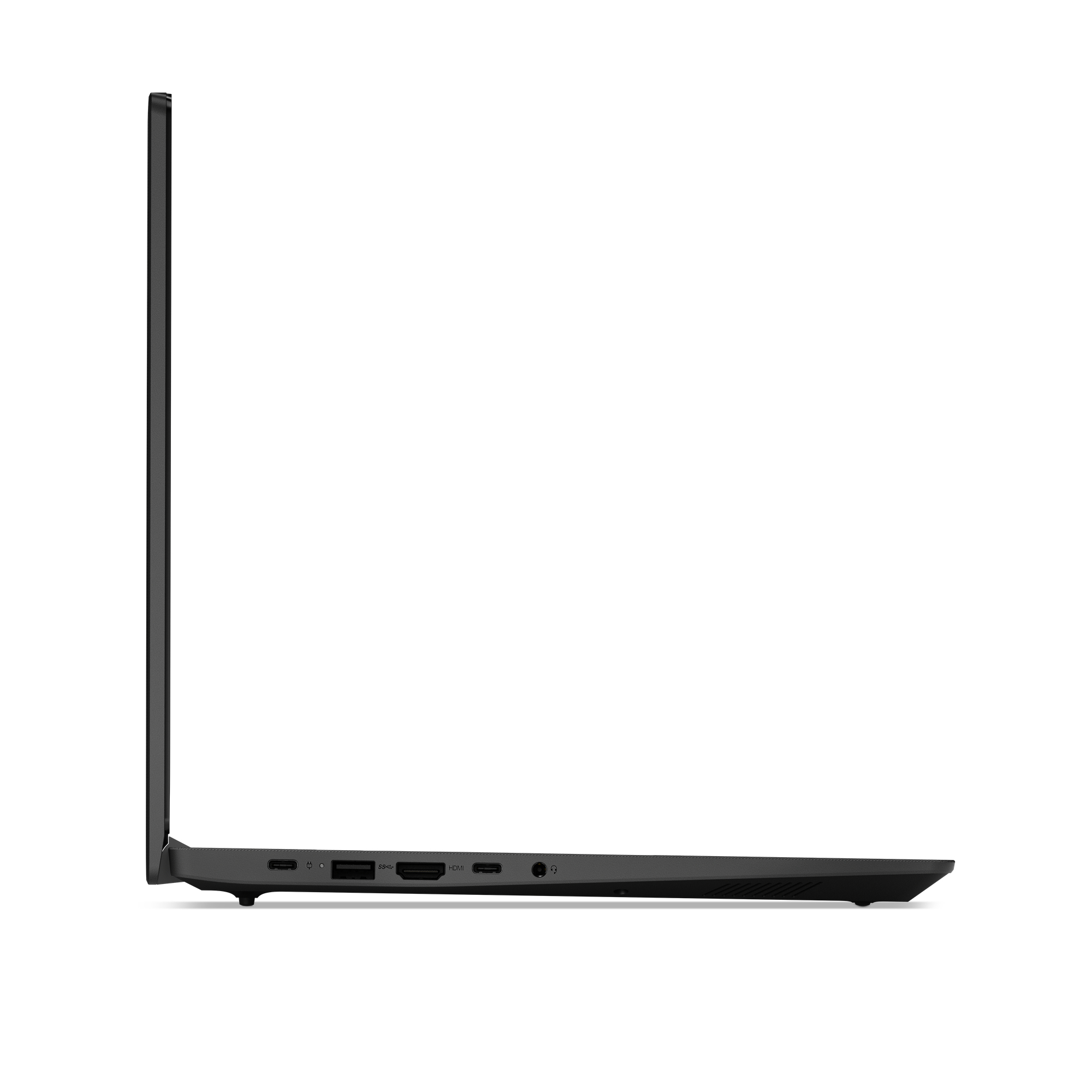 Vista laterale di un laptop nero chiuso che mostra le porte.
