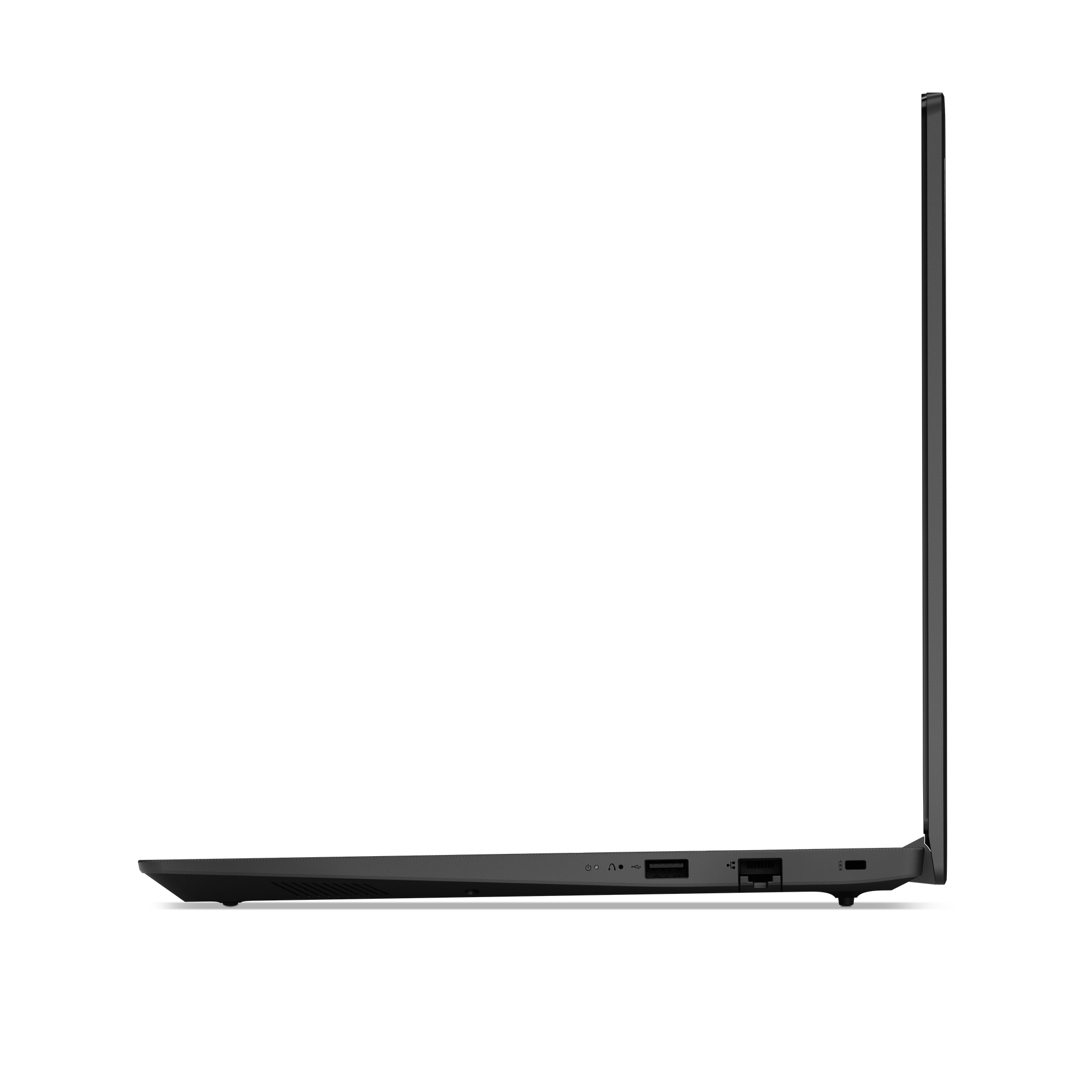 Vista laterale di un laptop chiuso su sfondo bianco con porte visibili.