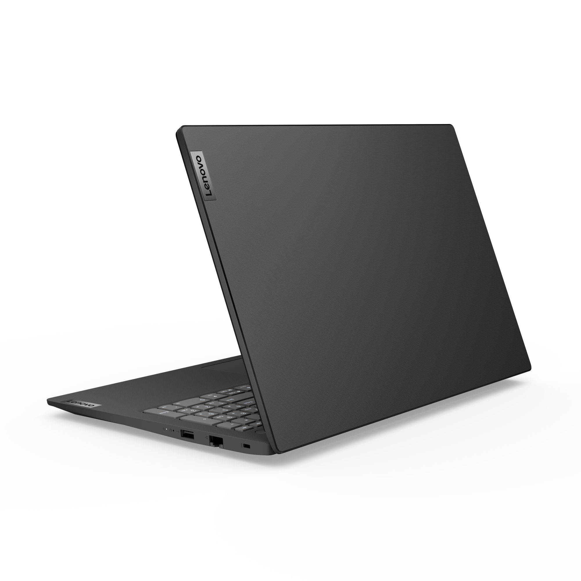 Un laptop Lenovo nero aperto con coperchio testurizzato su sfondo bianco.