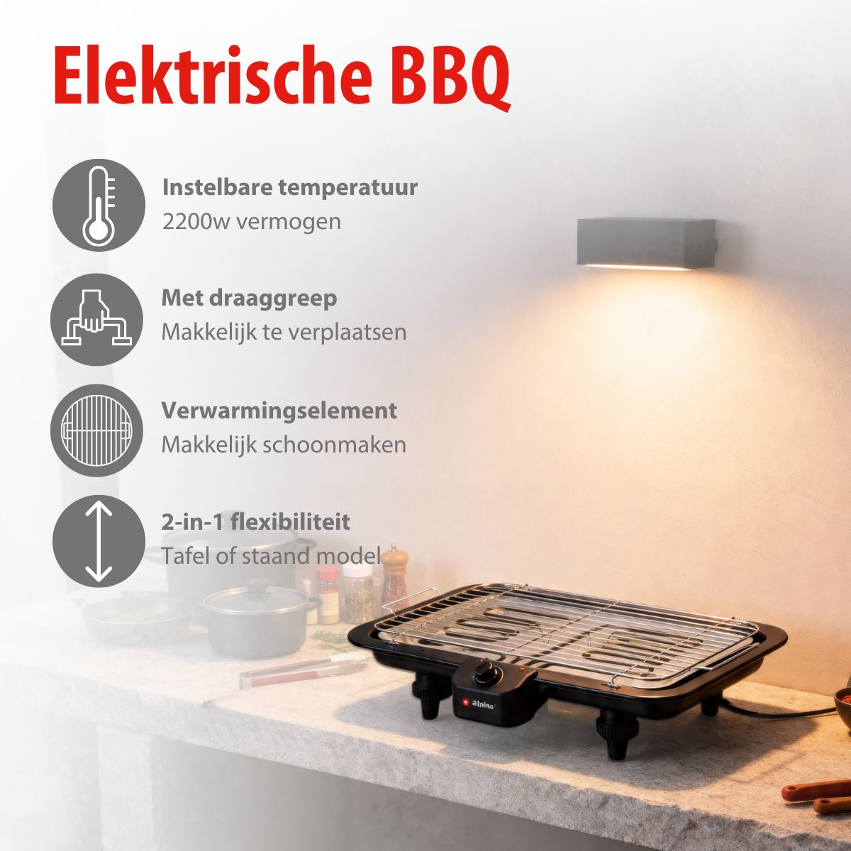 Elektrische tafelbarbecue met kenmerken links en warm licht erboven.
