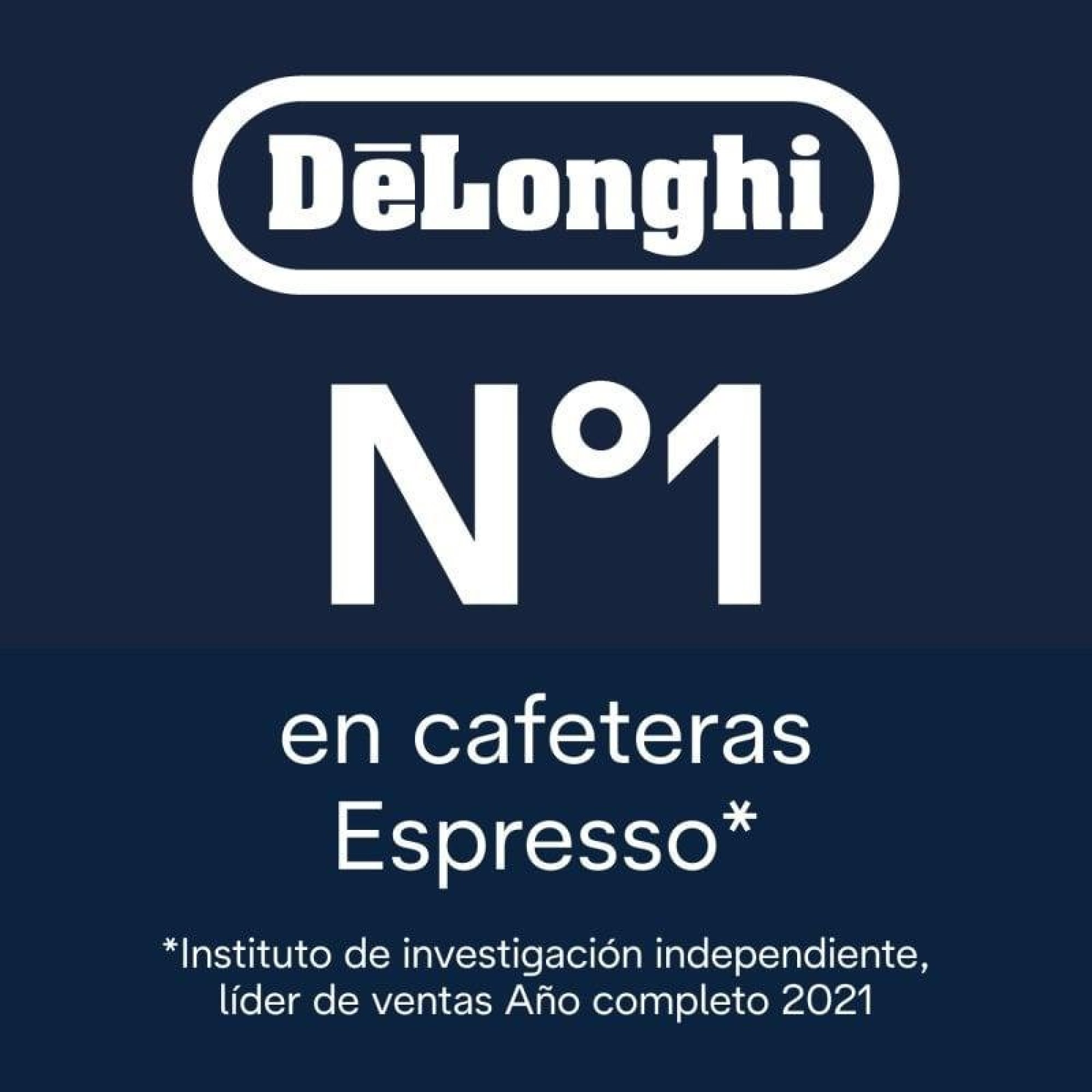 DeLonghi est numéro 1 des machines à expresso en 2021 sur fond bleu.