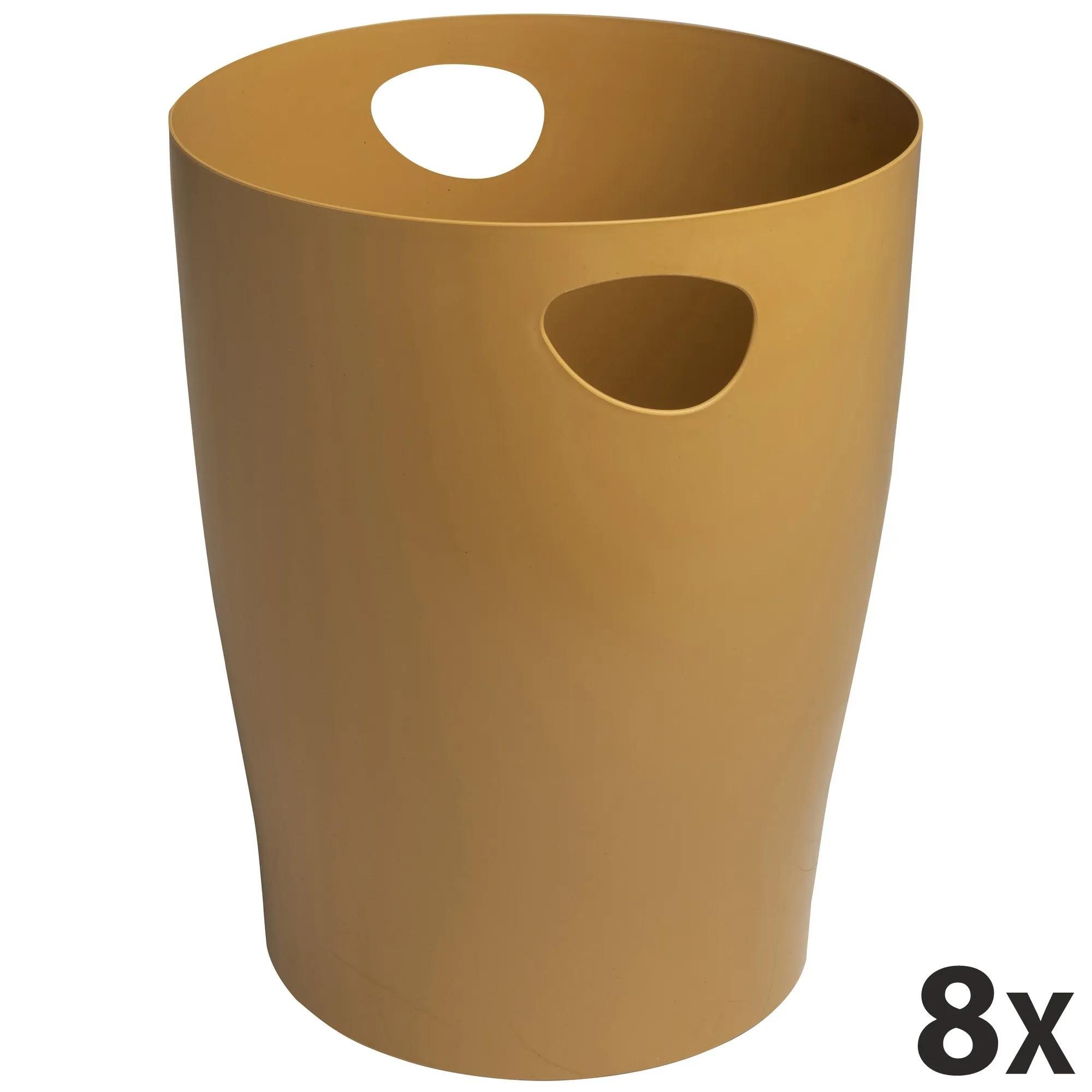 Ein beigefarbener Plastikeimer mit Griffen und einem Aufdruck 8x.