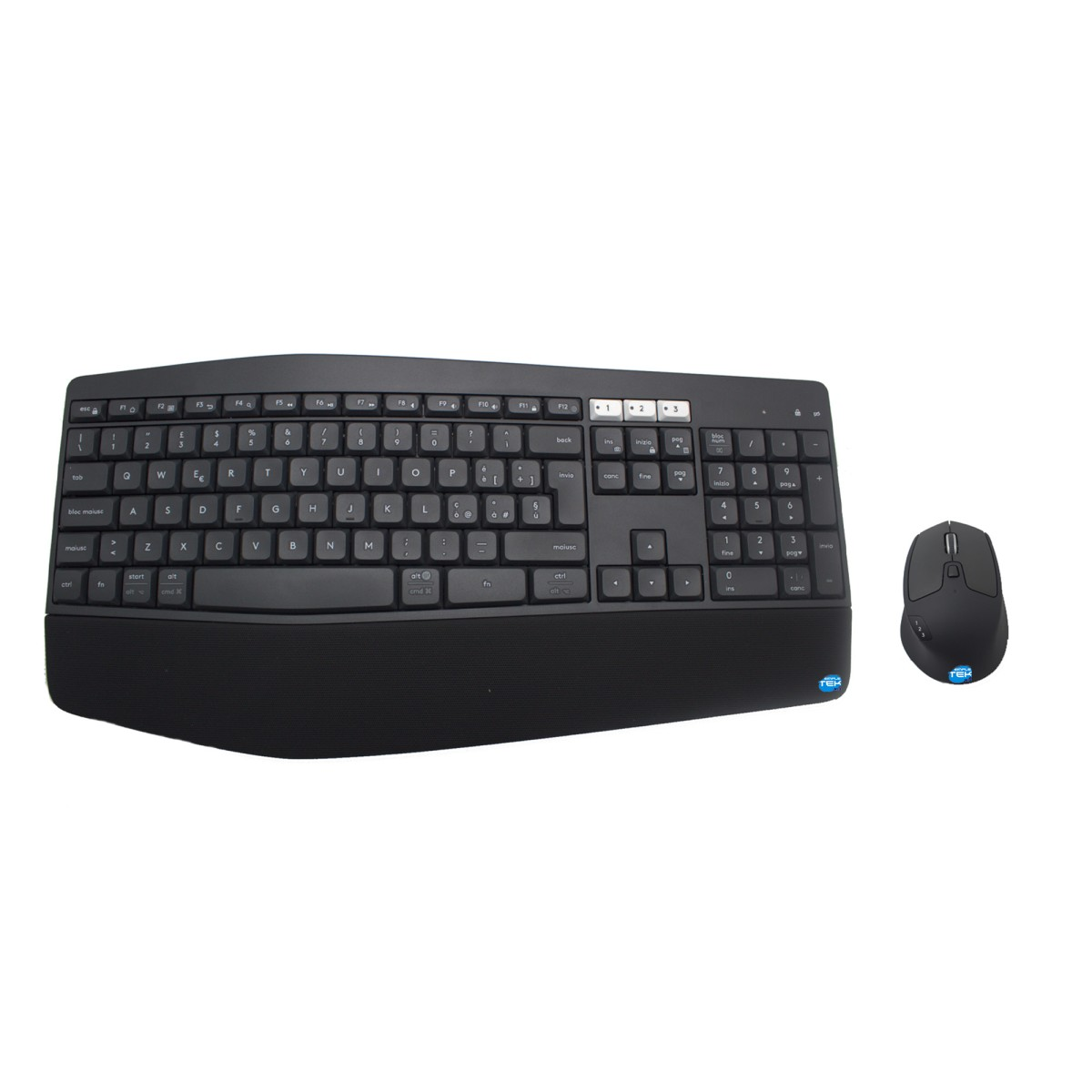 Clavier ergonomique sans fil noir avec repose-poignets et souris assortie sur fond blanc.