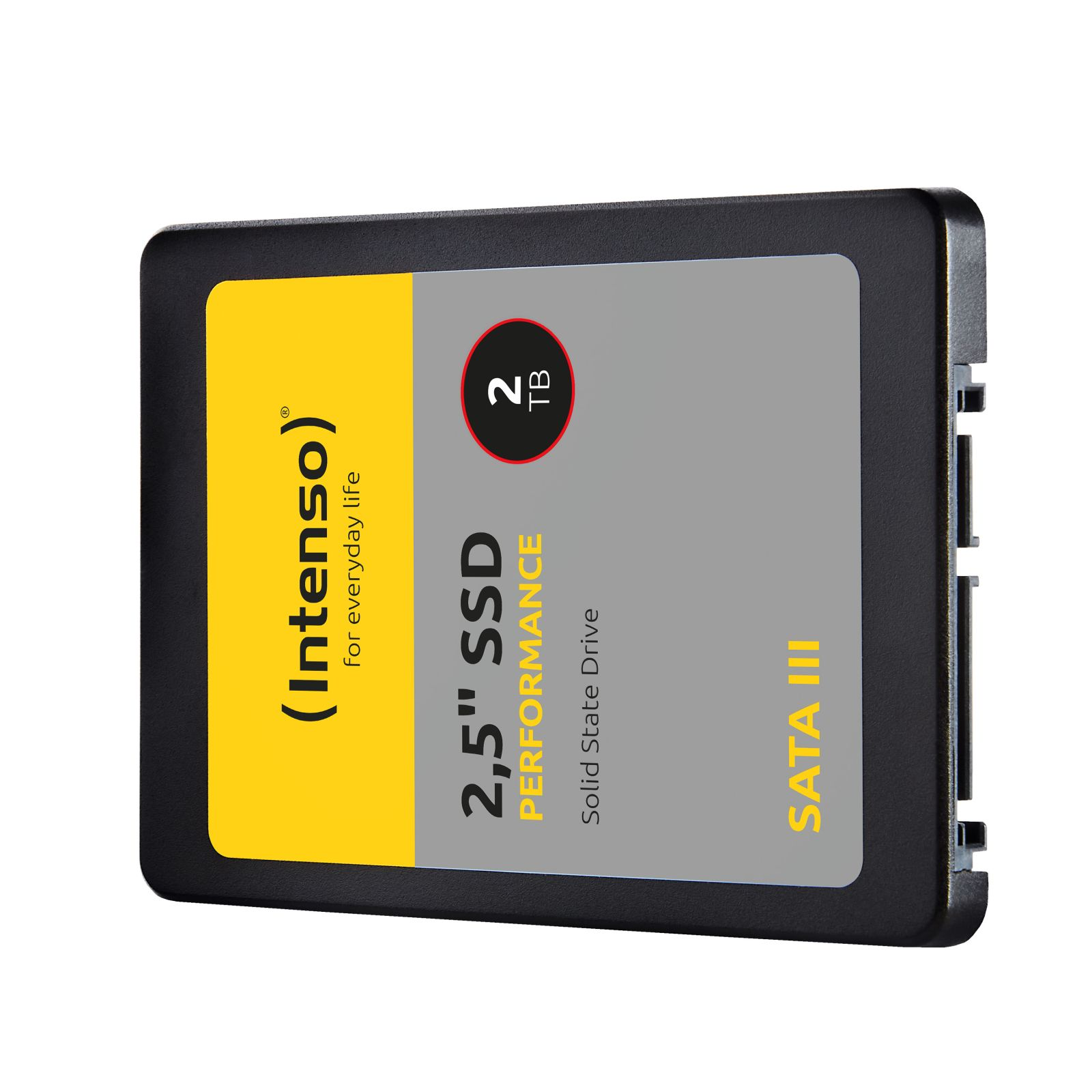 Eine schwarz-gelbe Intenso 2,5-Zoll-2TB-SATA-III-SSD auf weißem Hintergrund.
