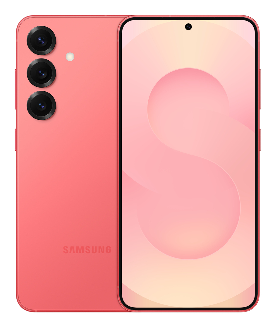 Un smartphone Samsung rose montrant l'avant et l'arrière avec trois caméras verticales.