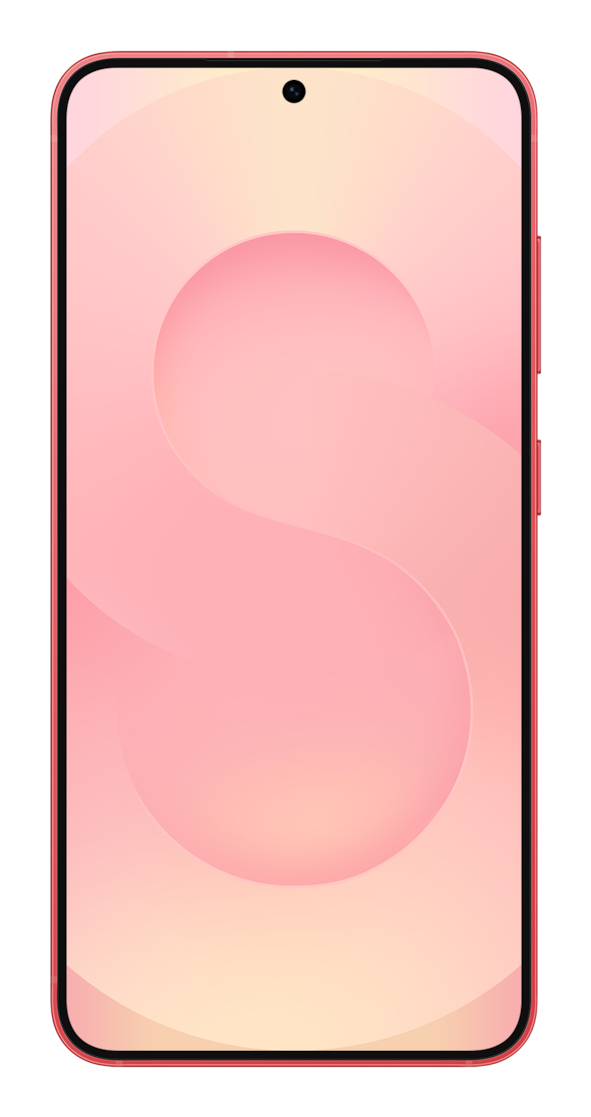 Un smartphone rouge avec un motif de vagues rose doux sur son écran et une caméra frontale centrée.