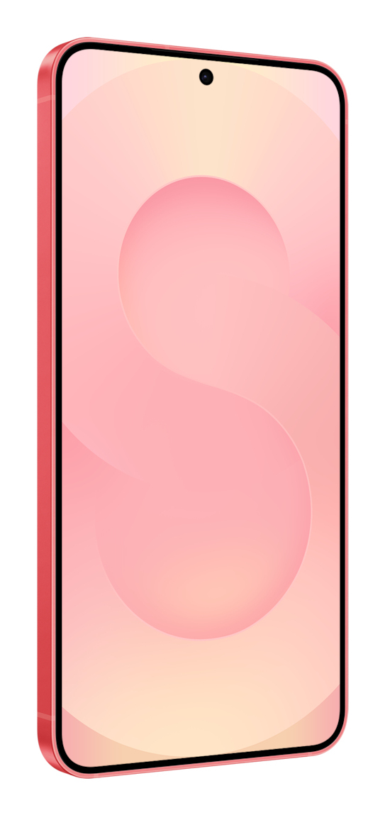 Un smartphone rouge affichant un motif abstrait de vagues roses à l'écran.
