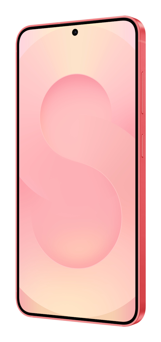 Un smartphone rose avec un fond d'écran rose et des boutons latéraux.