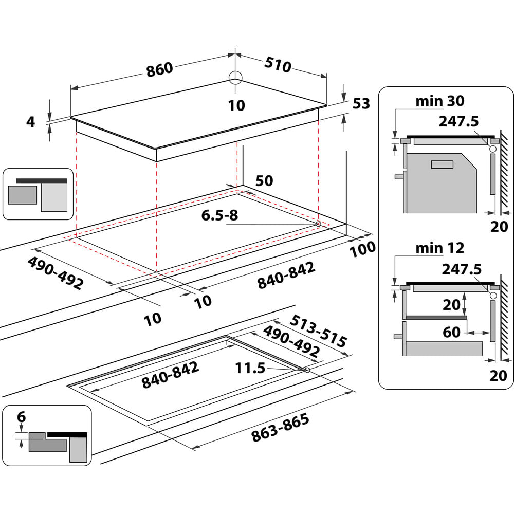 Diagrama técnico que muestra las dimensiones de instalación de una placa con medidas en milímetros.