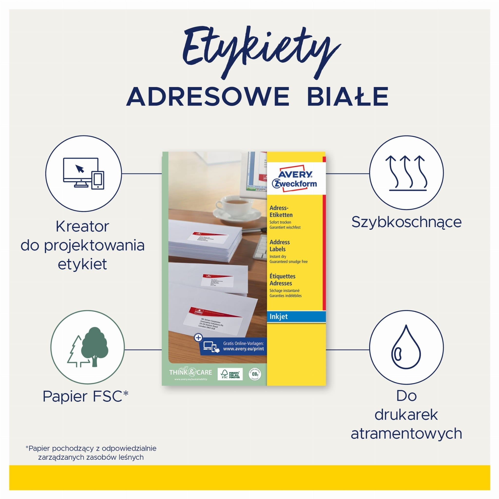 Avery Zweckform weiße Adressetiketten Werbung mit Produktverpackung und vier runden Funktionssymbole.