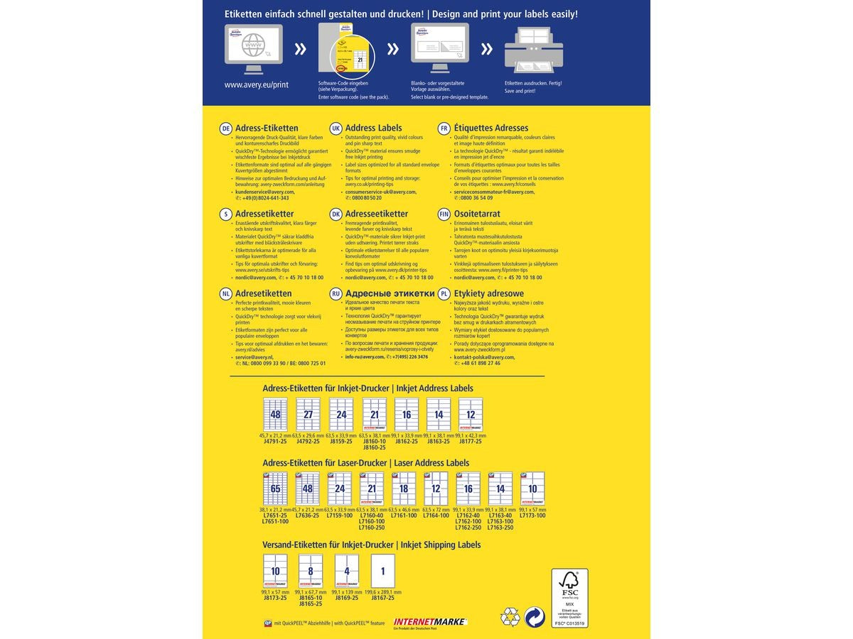 Anleitungs- und Informationsblatt für Avery-Etiketten in verschiedenen Sprachen, mit Druckbeispielen.
