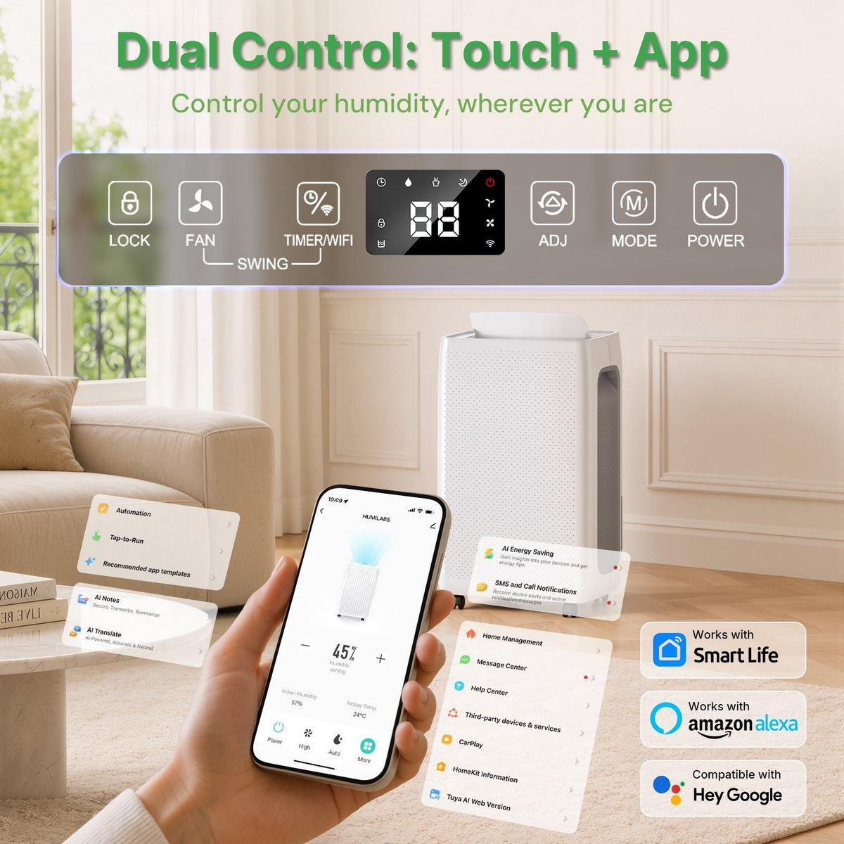 Smartphone zeigt Dehumidifier-App in einem modernen Wohnzimmer mit einem Smart-Luftentfeuchter.