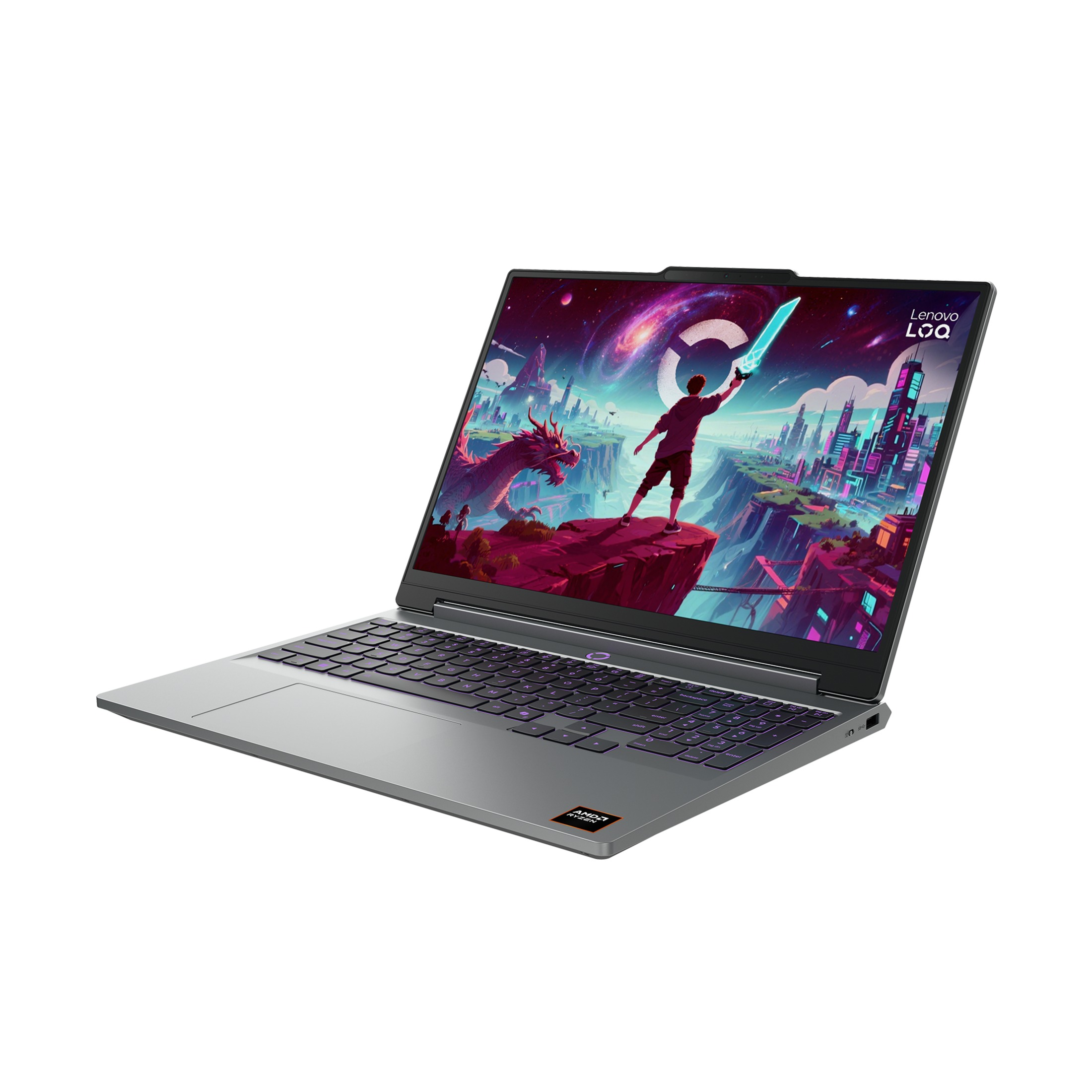 Ein silberner Lenovo LOQ Gaming-Laptop mit beleuchteter Tastatur und einer farbenfrohen Fantasy-Szene auf dem Bildschirm.