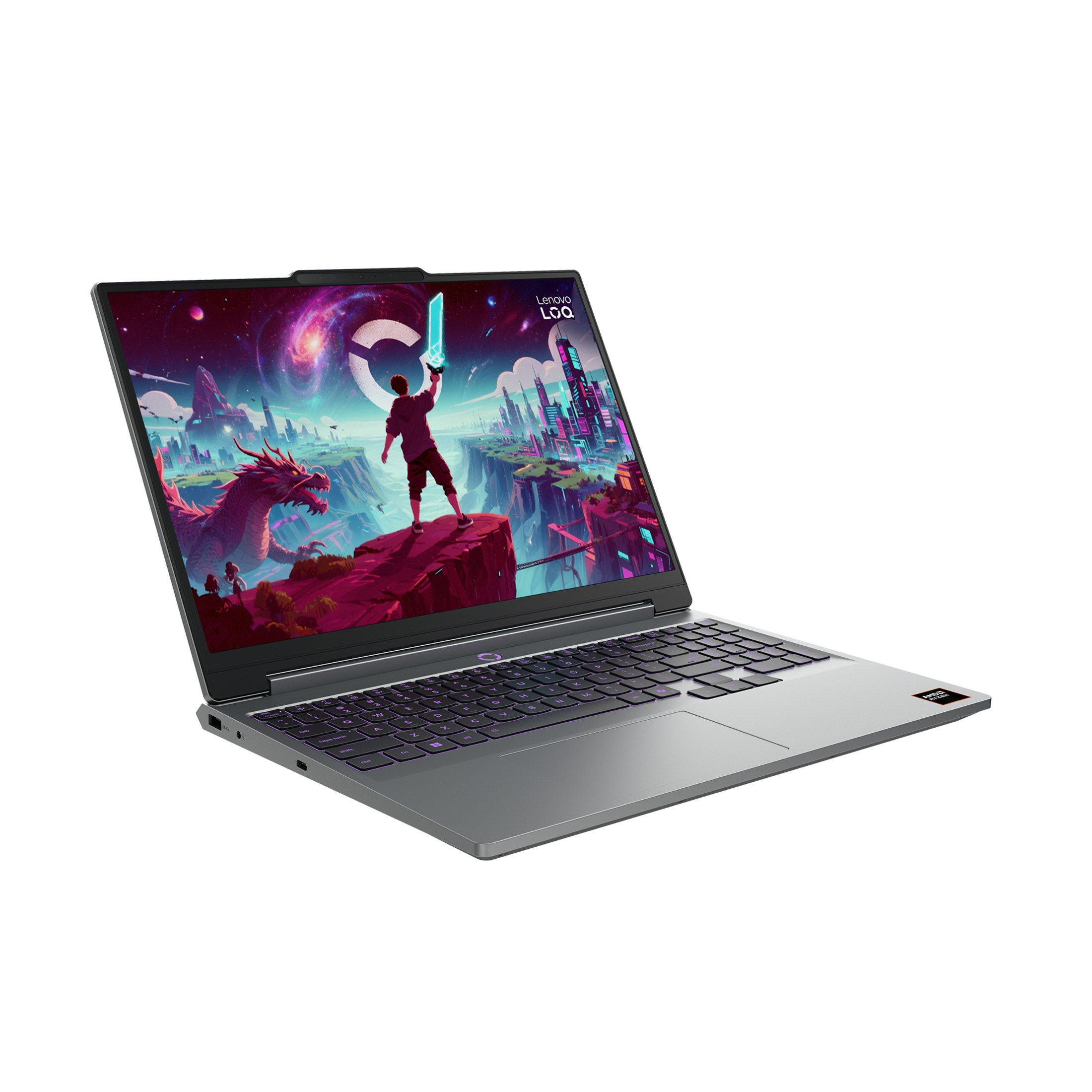 Ein grauer Laptop auf weißem Hintergrund zeigt auf dem Bildschirm ein farbenfrohes Fantasy-Szenario.