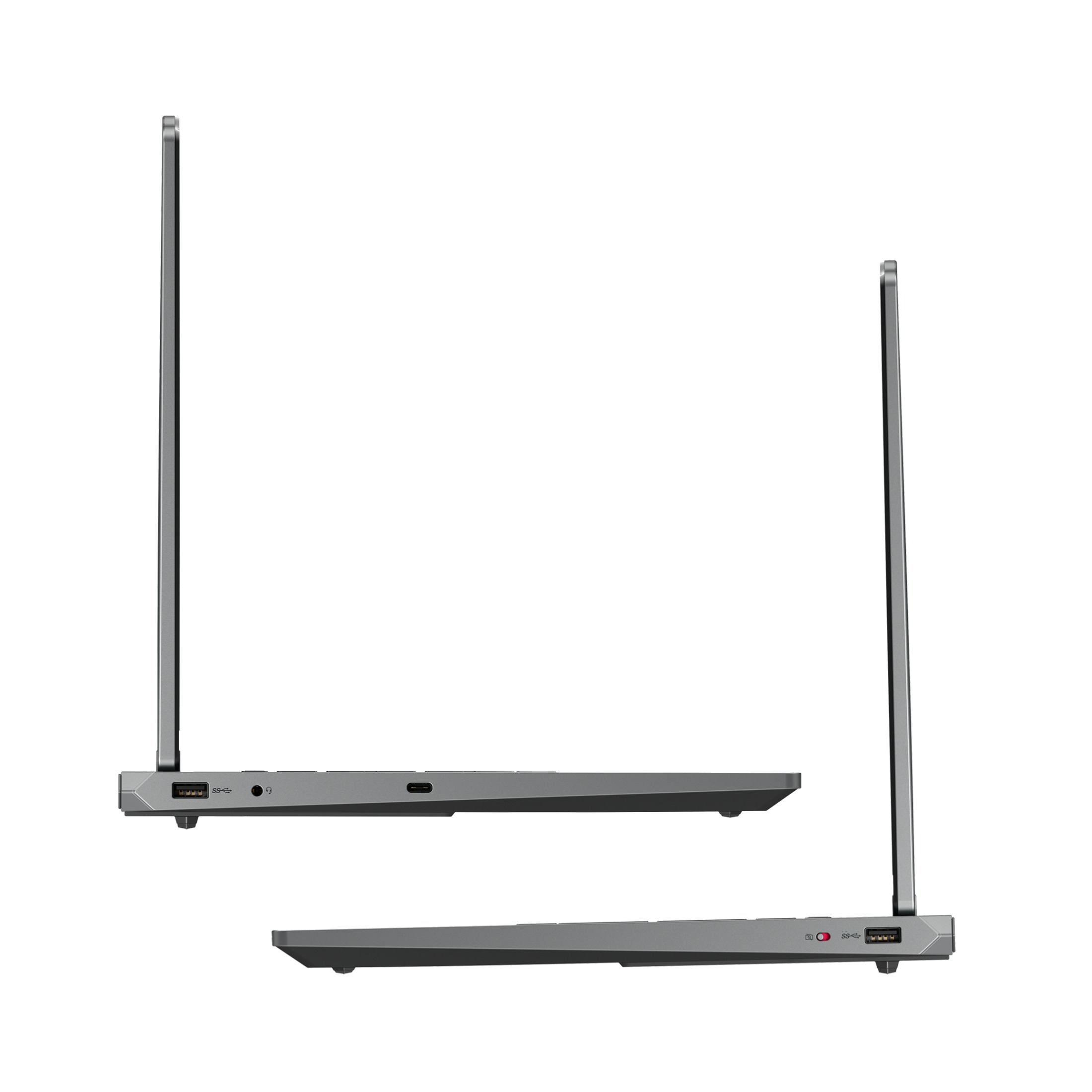 Seitenansicht eines grauen Laptops mit sichtbaren USB-Anschlüssen.