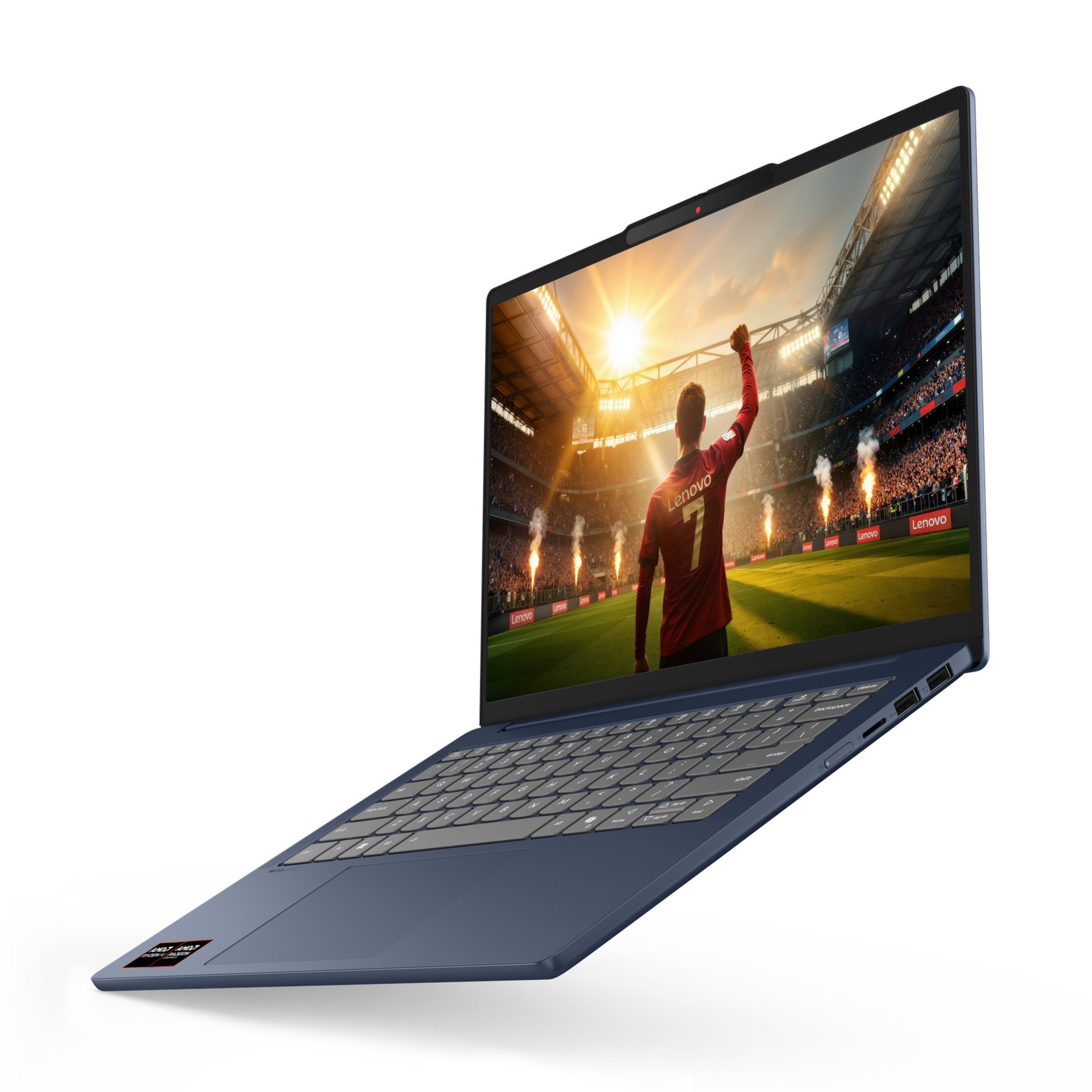 Blauer Laptop schwebt und zeigt ein Fußballspiel mit einem jubelnden Spieler auf dem Bildschirm.