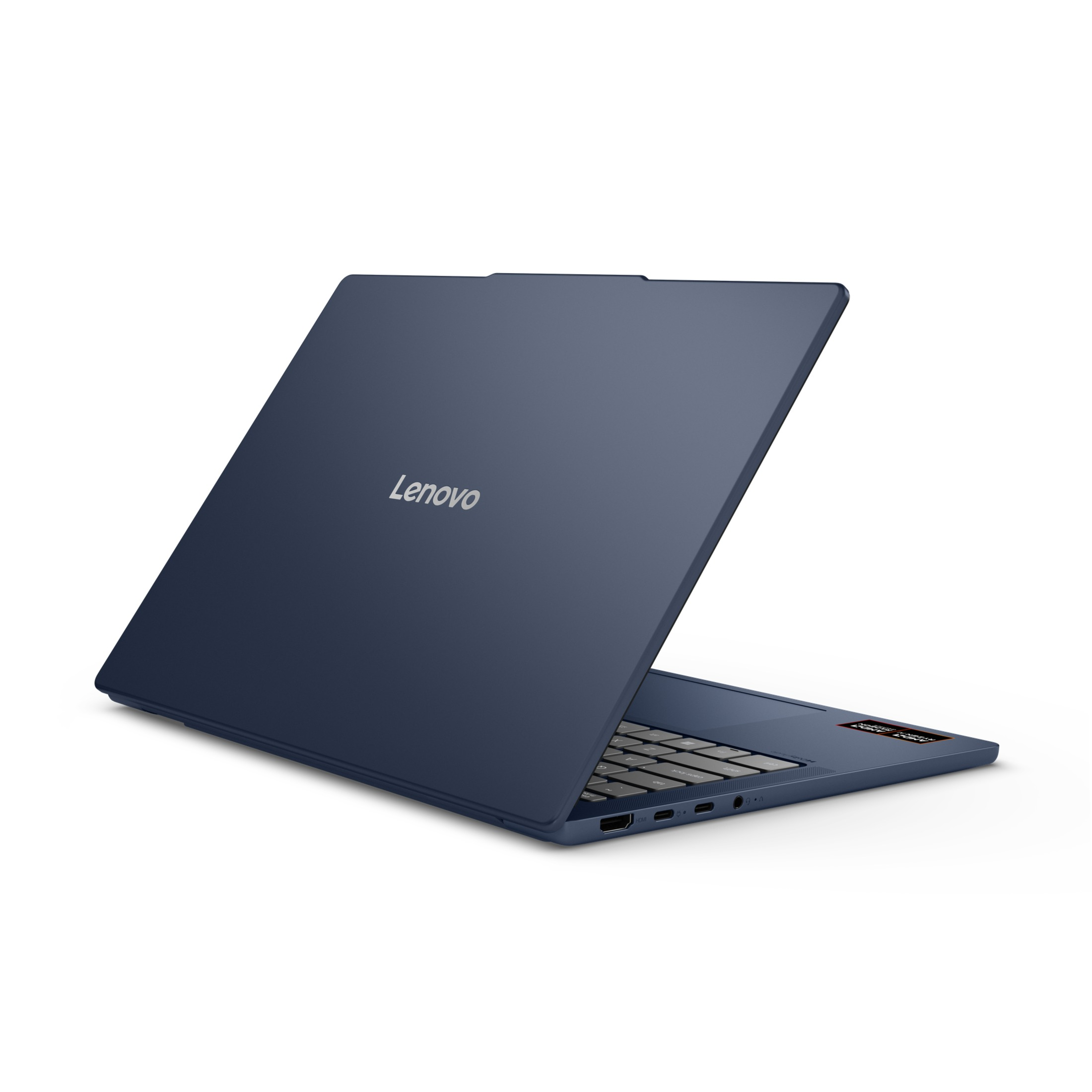 Blaues Lenovo-Laptop in leicht geöffneter Position auf weißem Hintergrund, mit silbernem Logo.