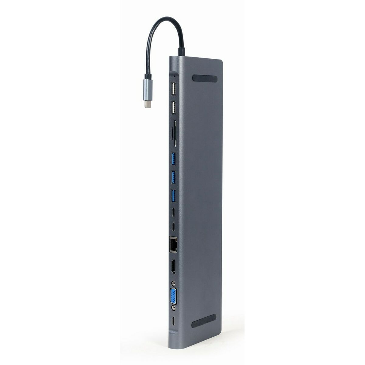 Grauer USB-C-Hub mit mehreren Anschlüssen und einem integrierten USB-C-Kabel auf weißem Hintergrund.