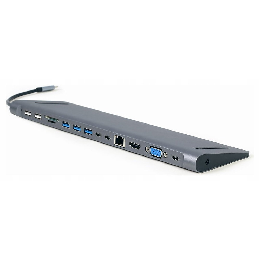 Grauer USB-C-Hub mit vielen Anschlüssen wie USB, Ethernet, HDMI und VGA auf weißem Hintergrund.