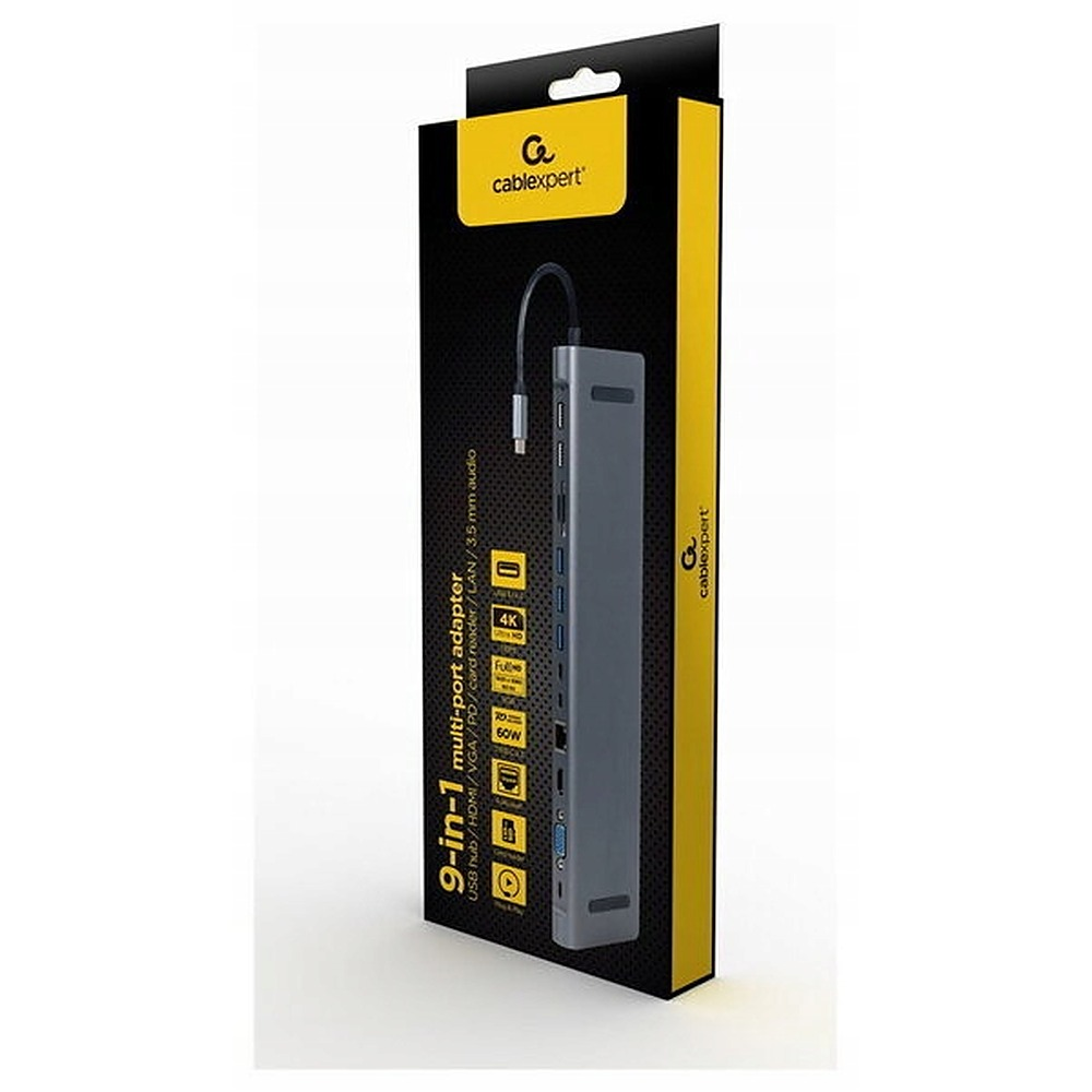 Eine Verpackung für einen grauen Cablexpert 9-in-1 Multi-Port-Adapter mit verschiedenen Anschlüssen.