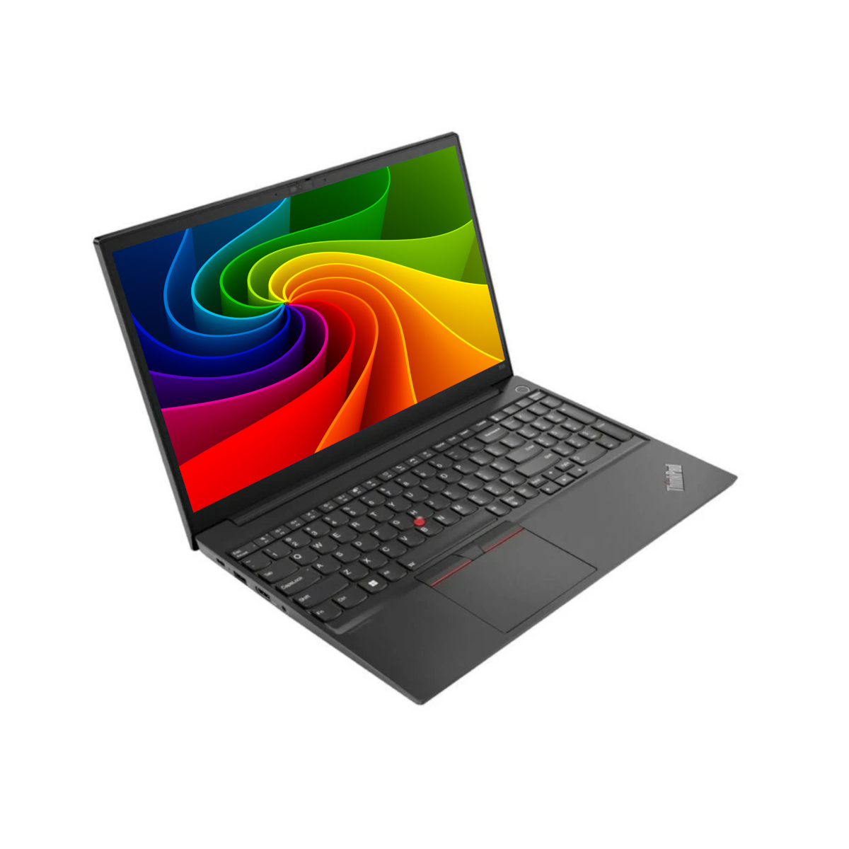 Ein schwarzer Laptop mit einer Regenbogen-Spiralgrafik auf dem Bildschirm auf weißem Hintergrund.