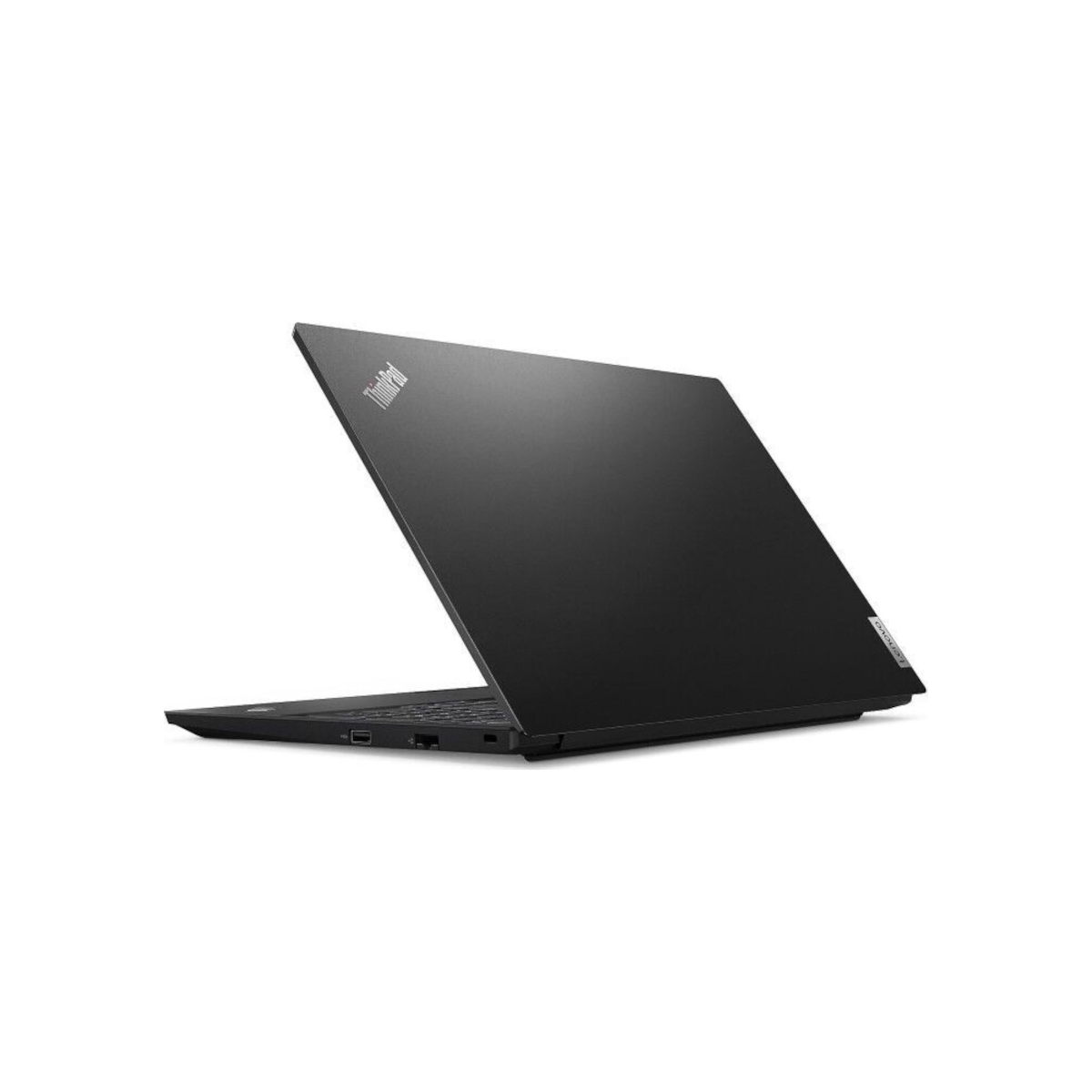 Ein schwarzer Lenovo ThinkPad Laptop ist von schräg hinten geschlossen vor weißem Hintergrund dargestellt.