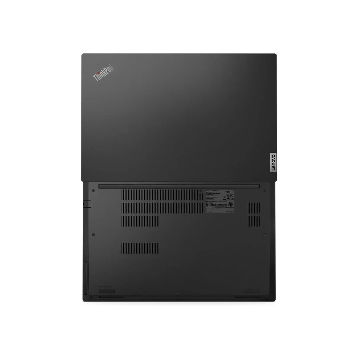 Ein schwarzer ThinkPad-Laptop von oben und unten, mit Lenovo-Logo und Lüftungsschlitzen.