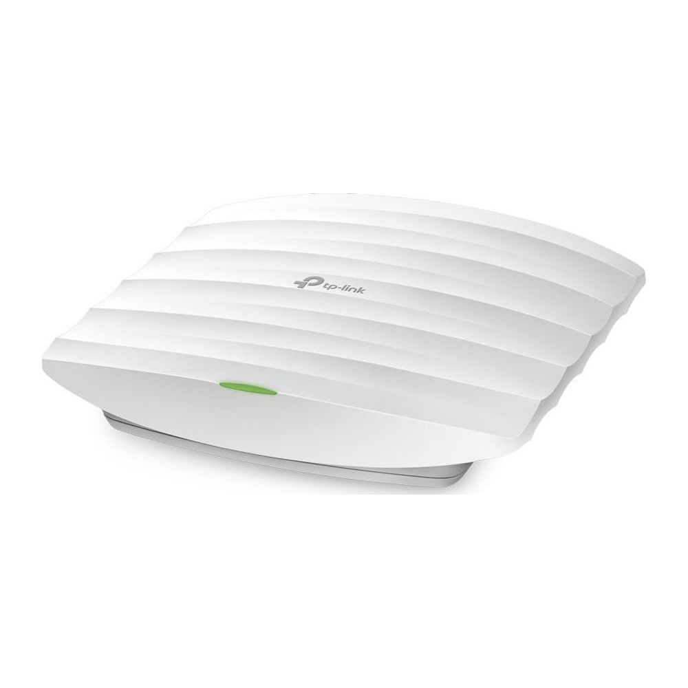 Biały punkt dostępowy Wi-Fi TP-Link z wypukłą, żebrowaną powierzchnią i świecącą na zielono diodą z przodu.