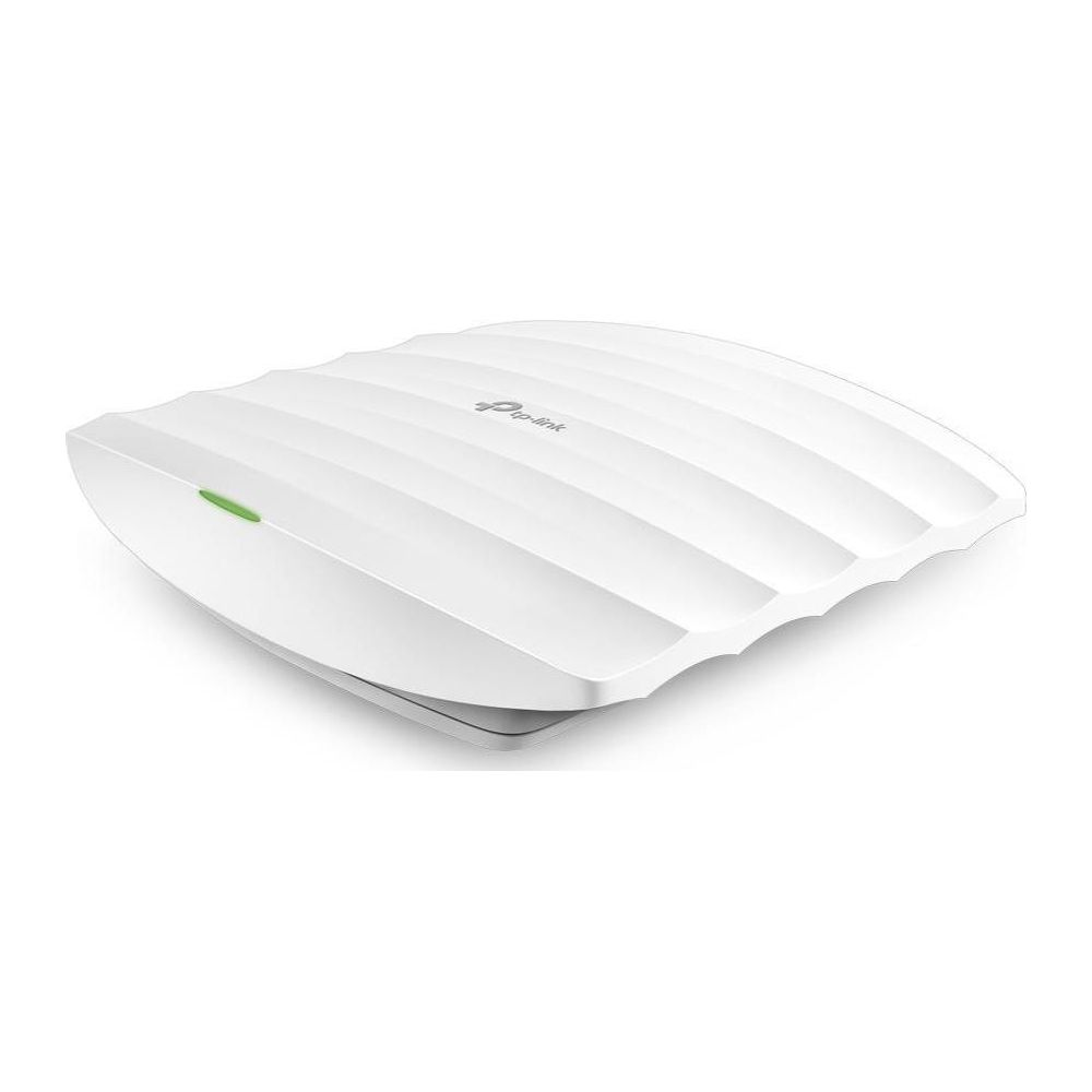 Biały bezprzewodowy punkt dostępowy TP-Link z falistą powierzchnią i zieloną lampką statusu na białym tle.