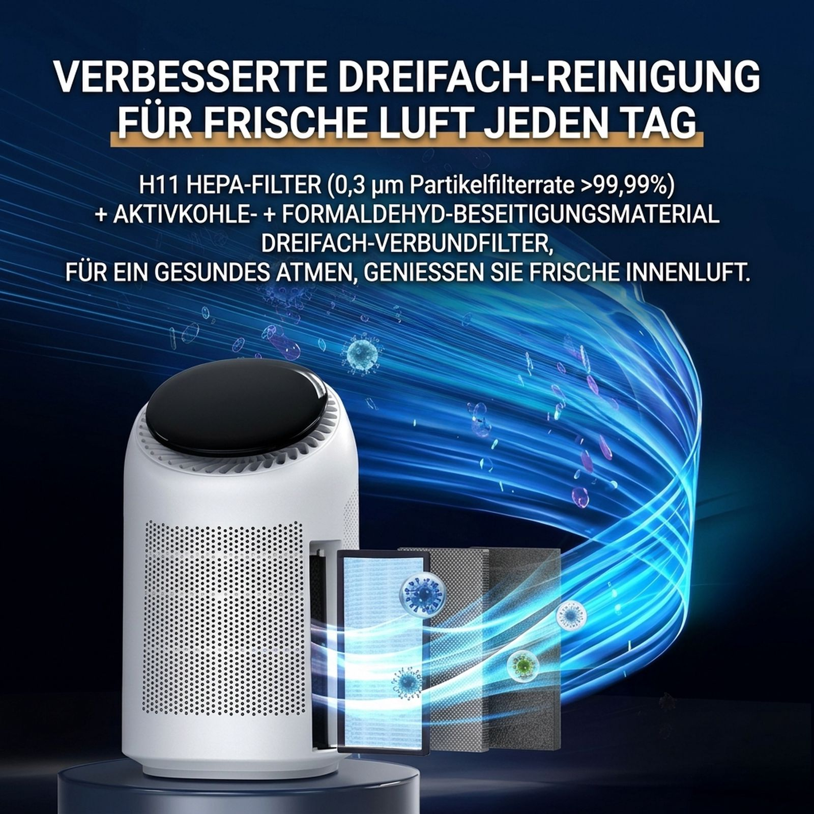 Ein weißer Luftreiniger mit sichtbaren Filtern und blauen Luftstromlinien im Hintergrund.