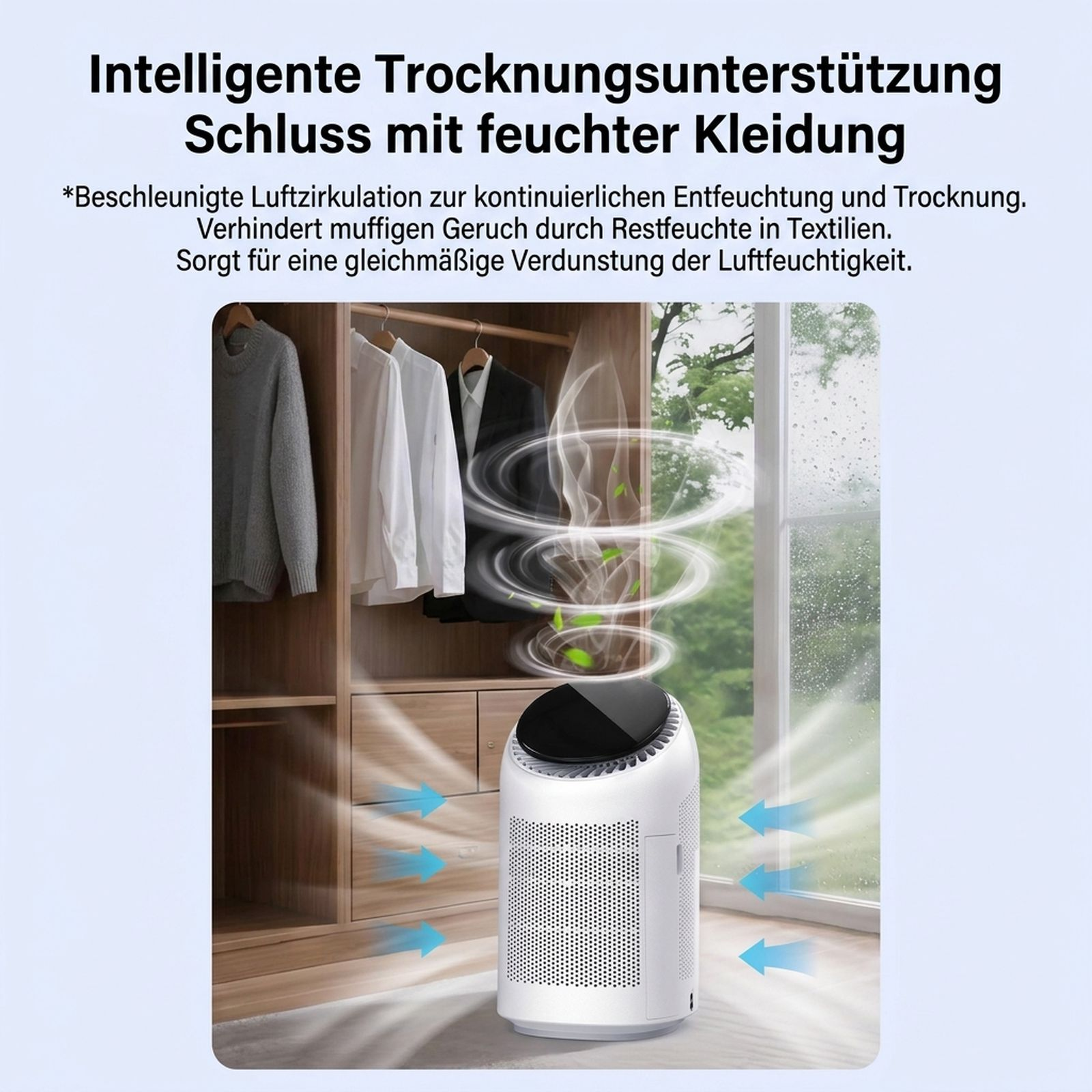 Ein weißer Luftentfeuchter steht in einem Raum mit Kleiderschrank und zeigt Luftzirkulation.