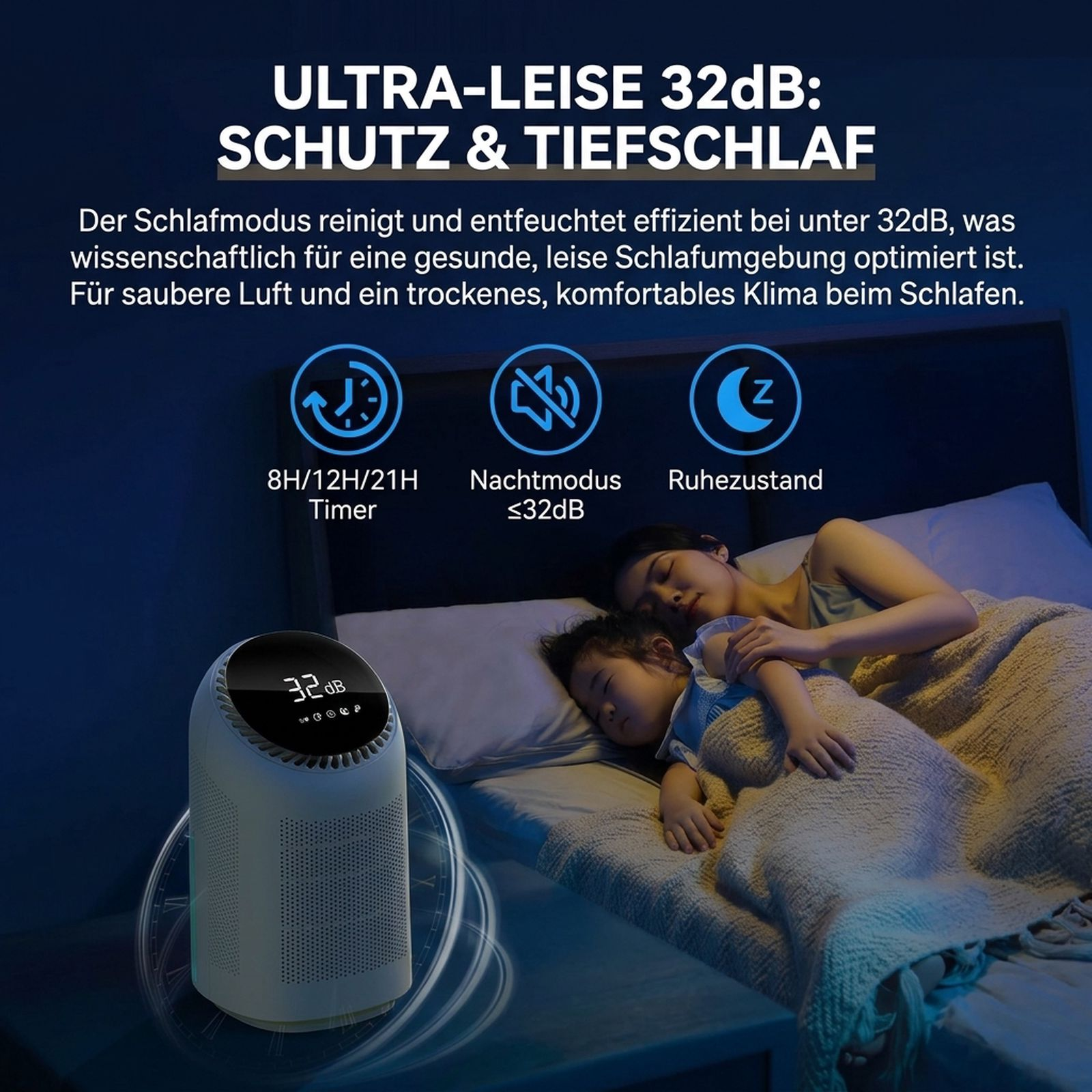 Ein weißer Luftentfeuchter steht nachts auf einem Nachttisch, während eine Frau und ein Kind friedlich schlafen.